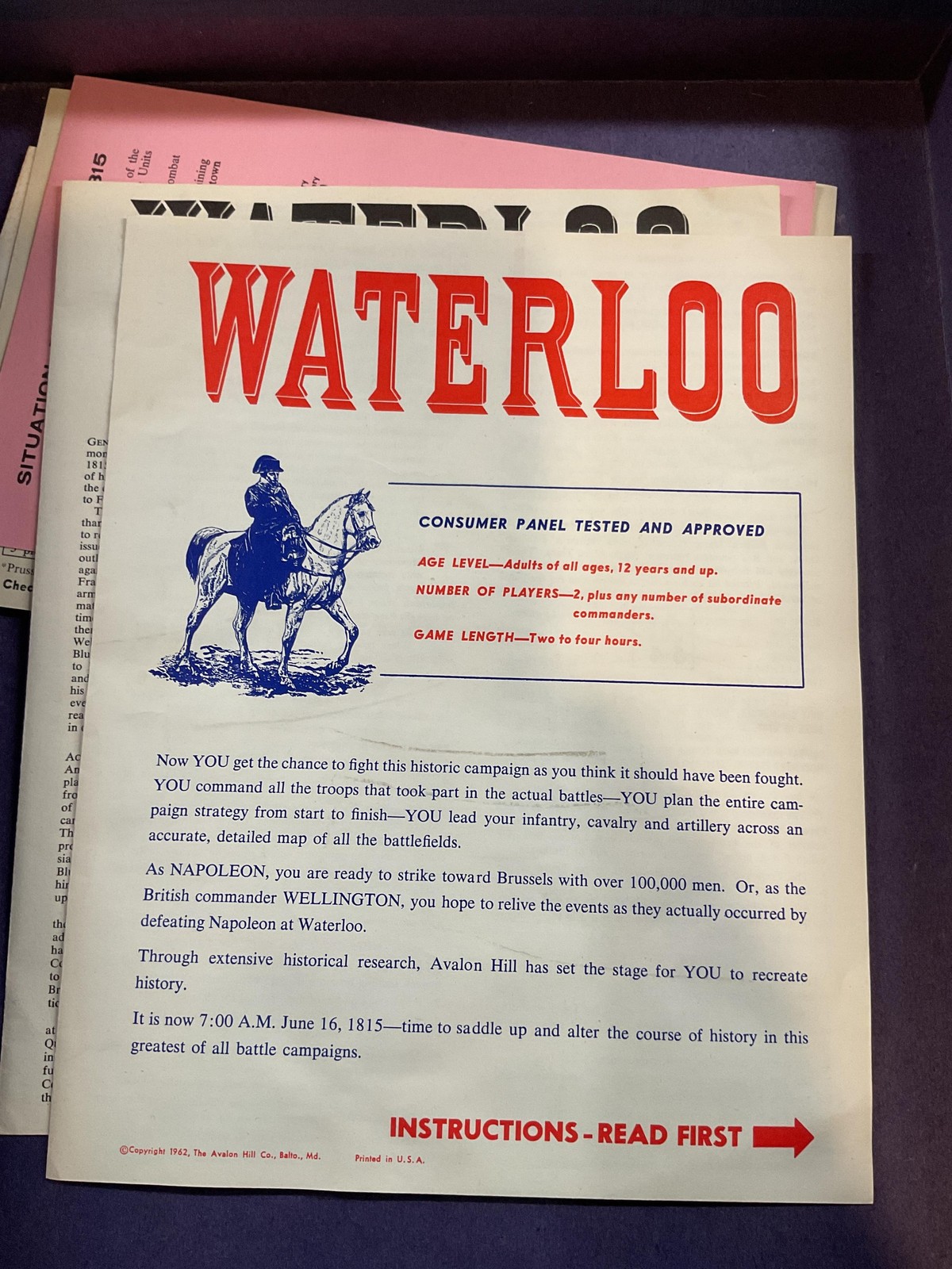 Vintage 1962 Avalon Hill Waterloo Board Game War United States Boxed Original