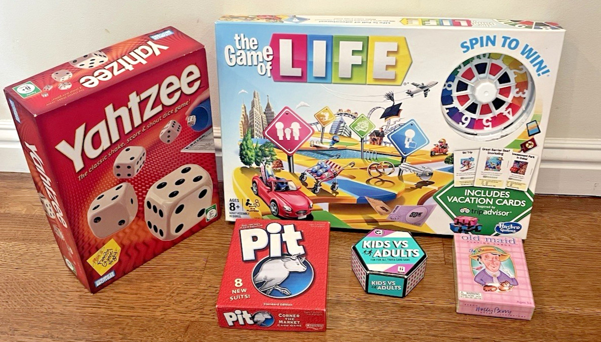 Family Board & Card Game Lot of 5 – Life, Yahtzee, Pit, Old Maid, Kids vs Adults