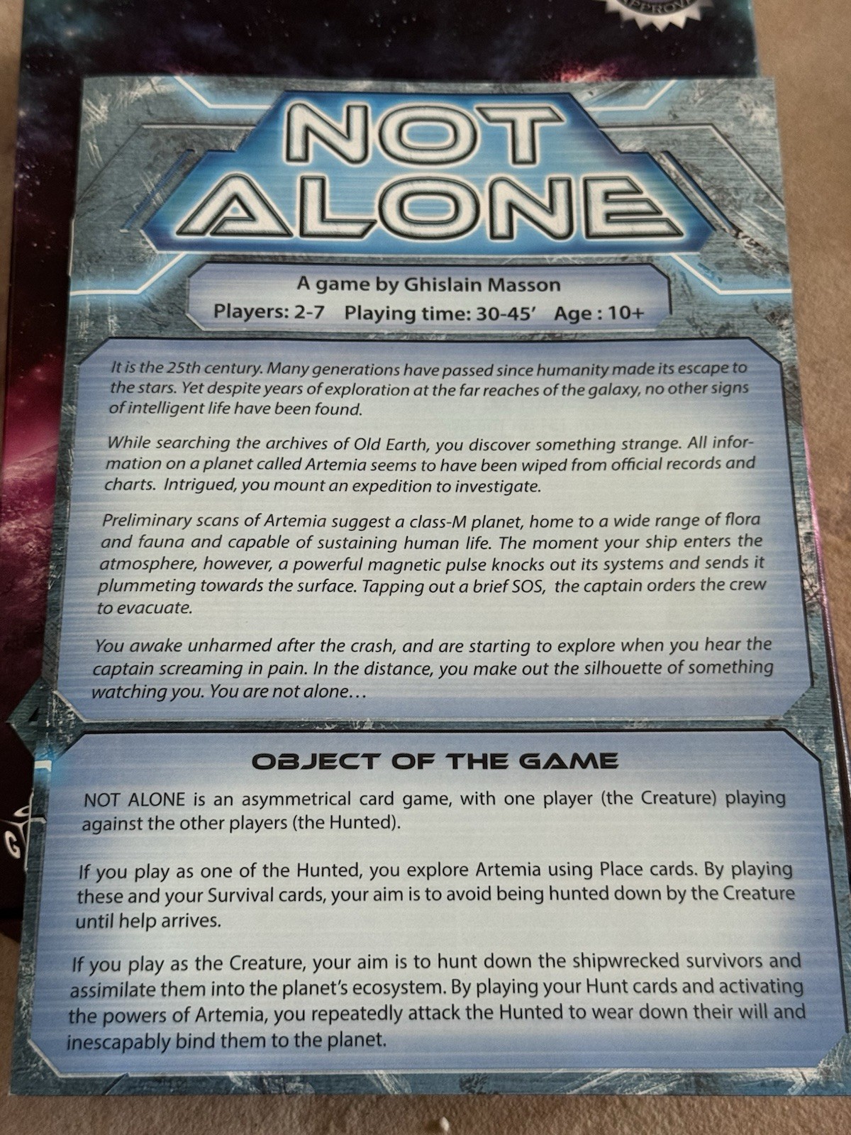NOT ALONE Board Game – Complete in Box; Excellent – 2016 Geek Attitude Games