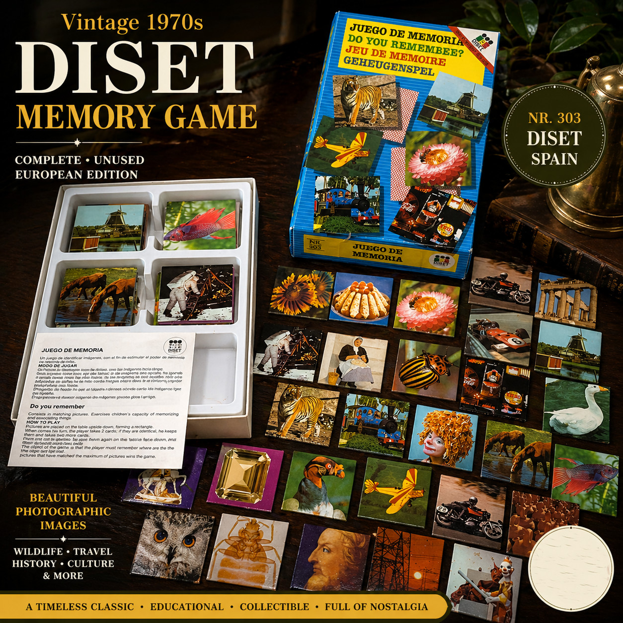 Vintage 1970’s DISET Memory Matching Game Complete Photo Tiles Spain Europe USA