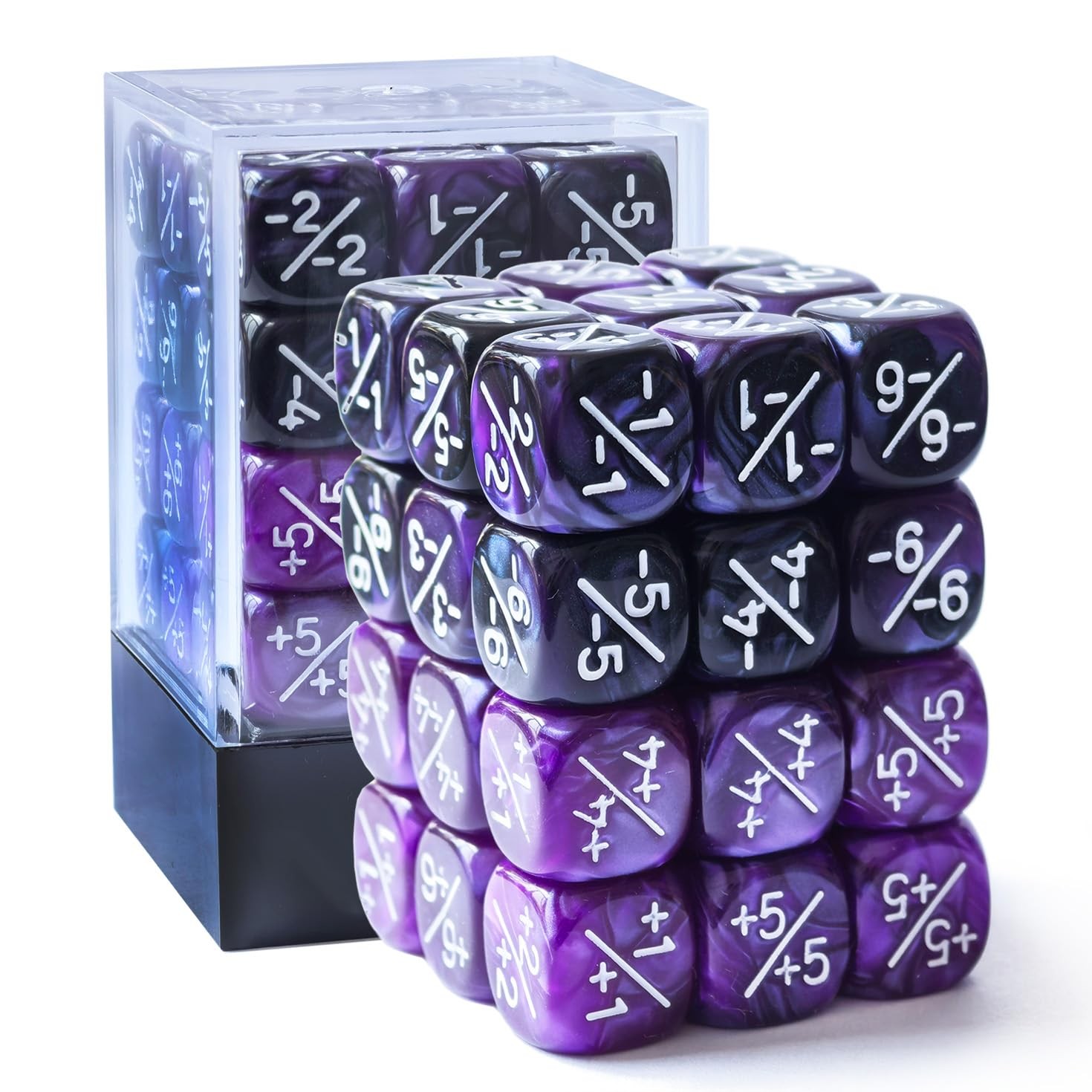 Set of 36 Positive and Negative Dice Counters in 12mm Purple and Violet Sc…