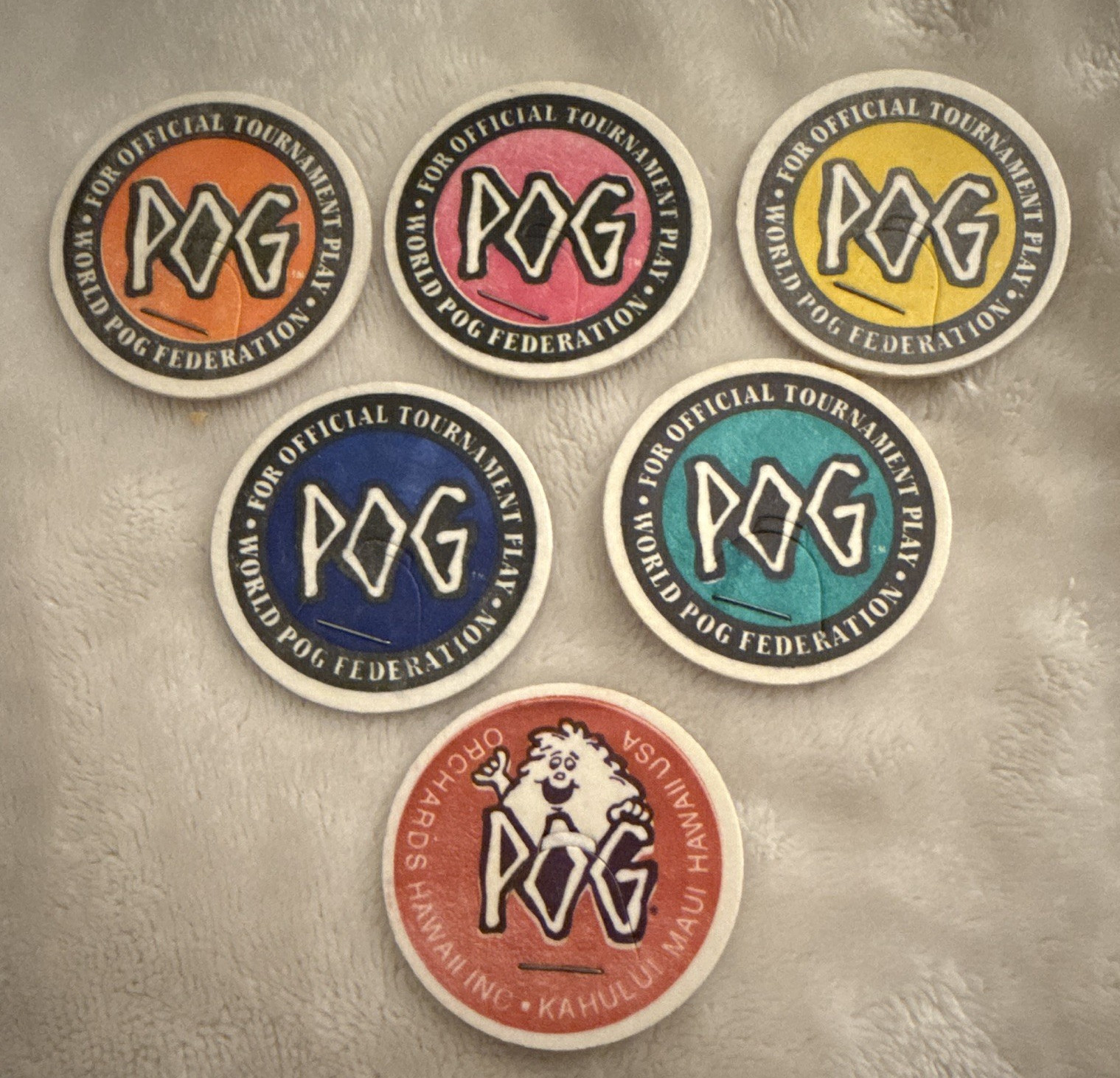 World POG Federation Official Tournament POG Caps Lot of 6, Assorted Colors