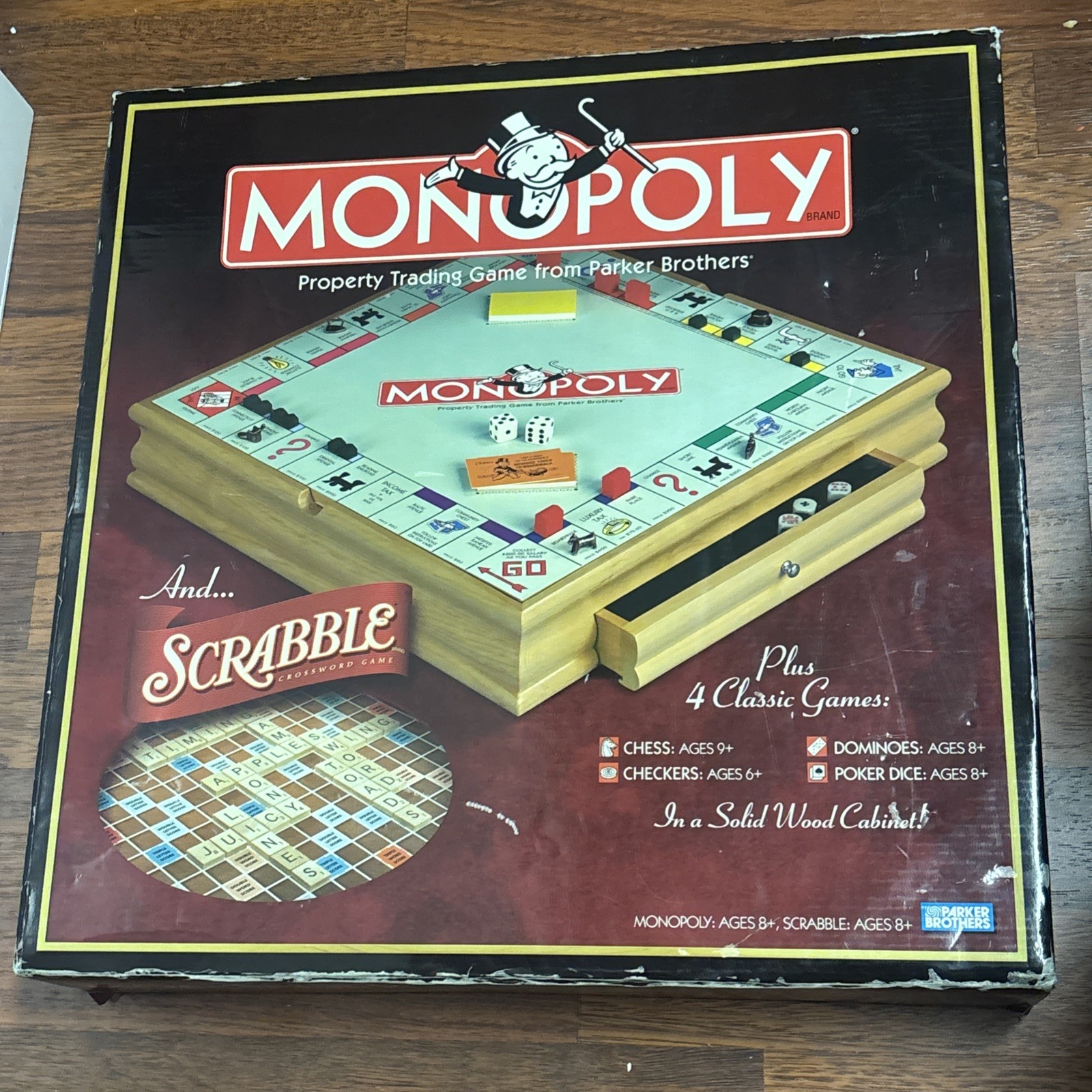 2007 Monopoly, Scrabble & 4 Classic Games Solid Wood Cabinet NEW IN BOX