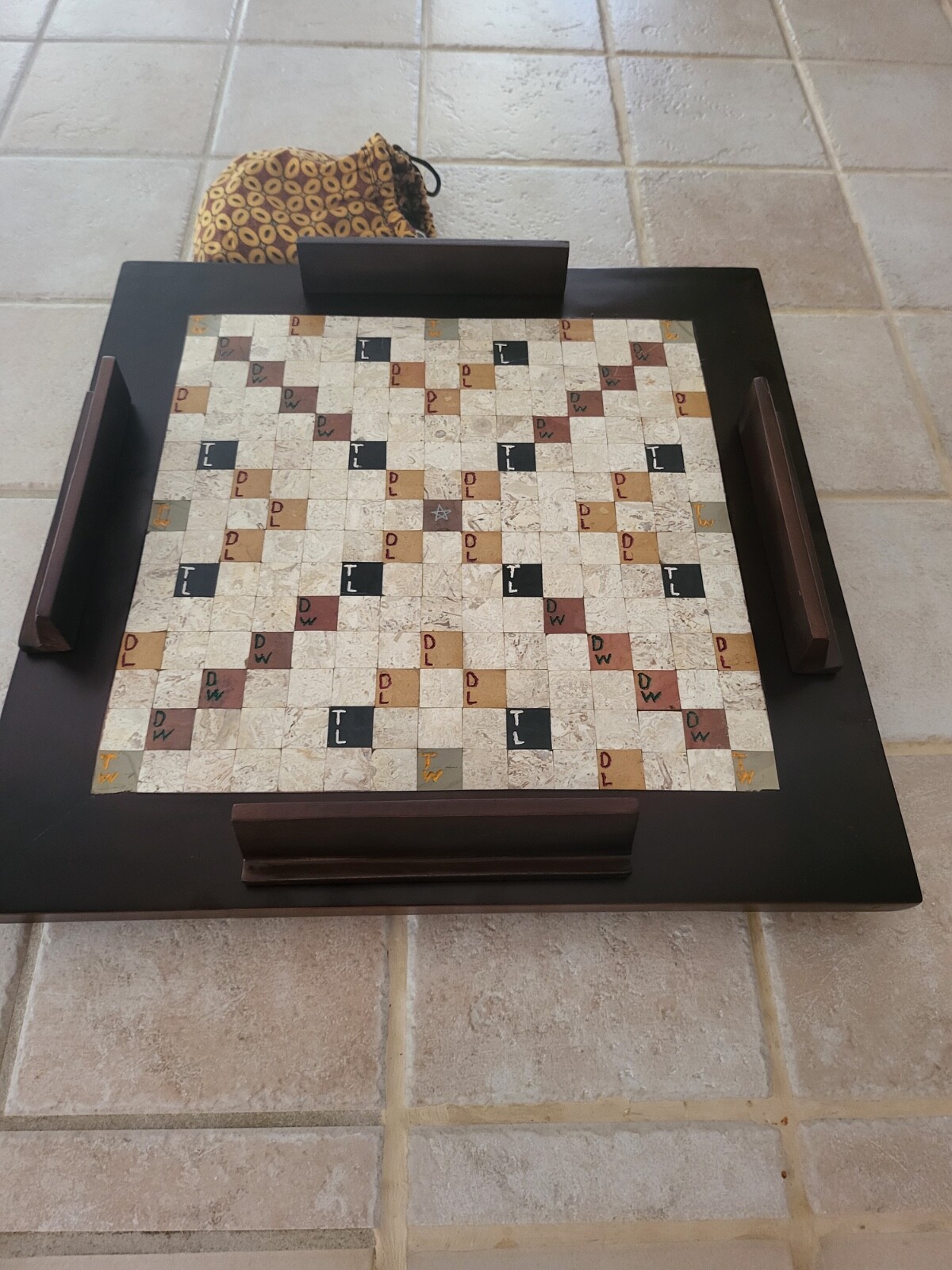 Unique Handmade 16in Solid Teak Wood with Inlay Marble Scrabble Board