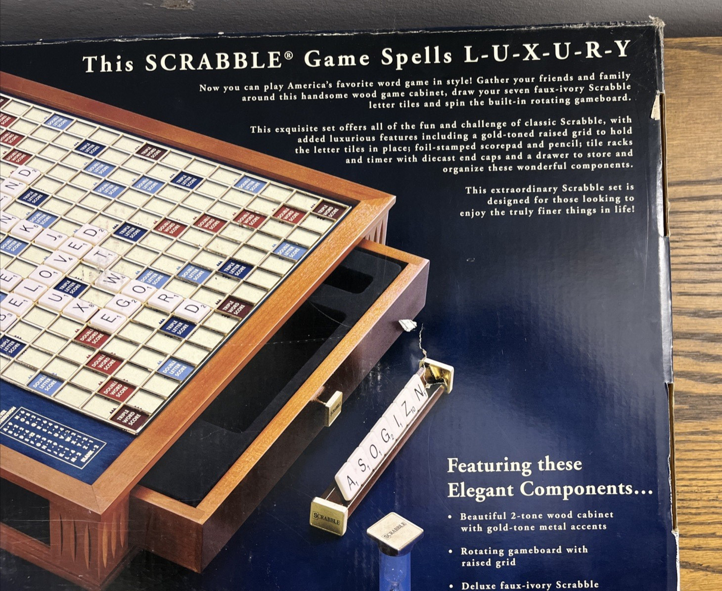 New Scrabble Luxury Edition with Wood Cabinet and Rotating Turntable Game Board