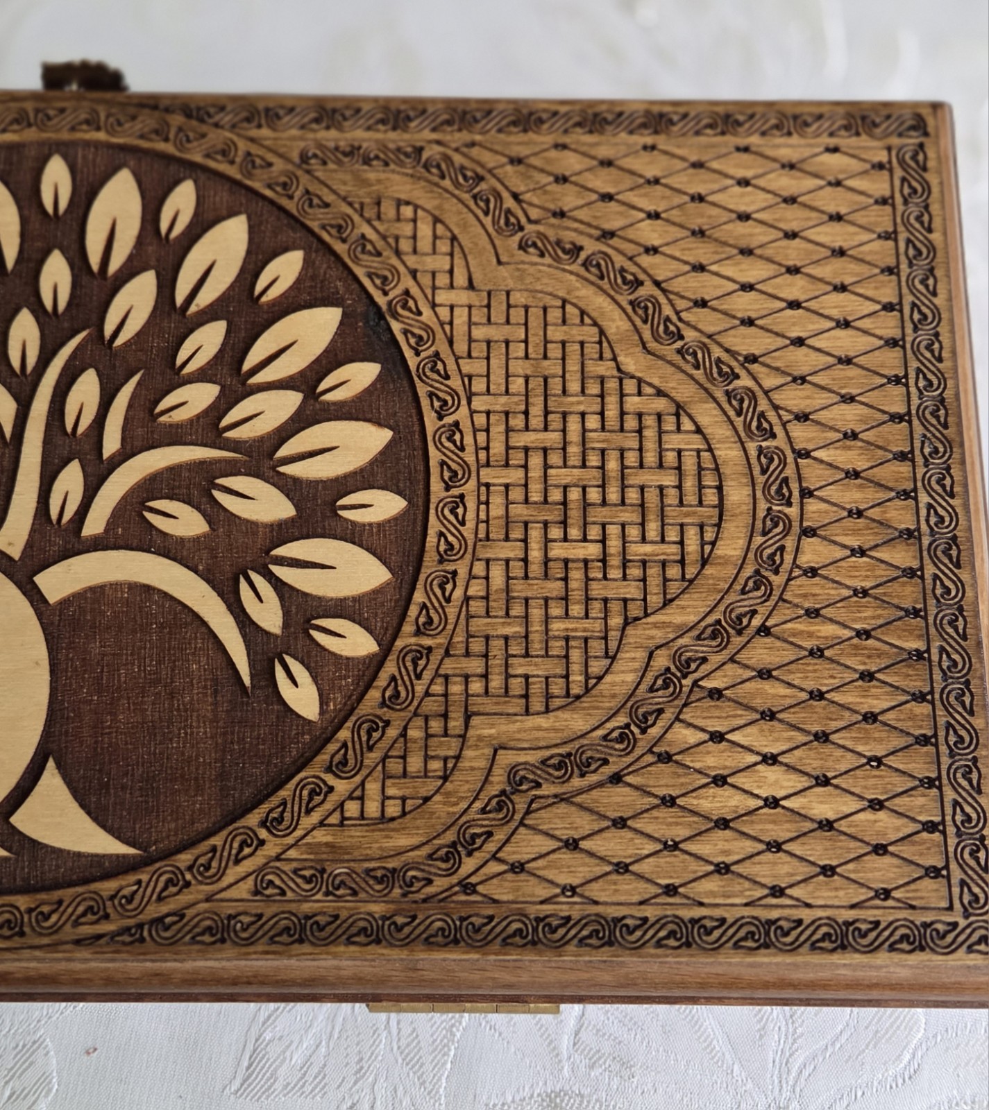 Carved Etched Wood Backgammon & Checkerboard Game Set Tree Of Life Compact