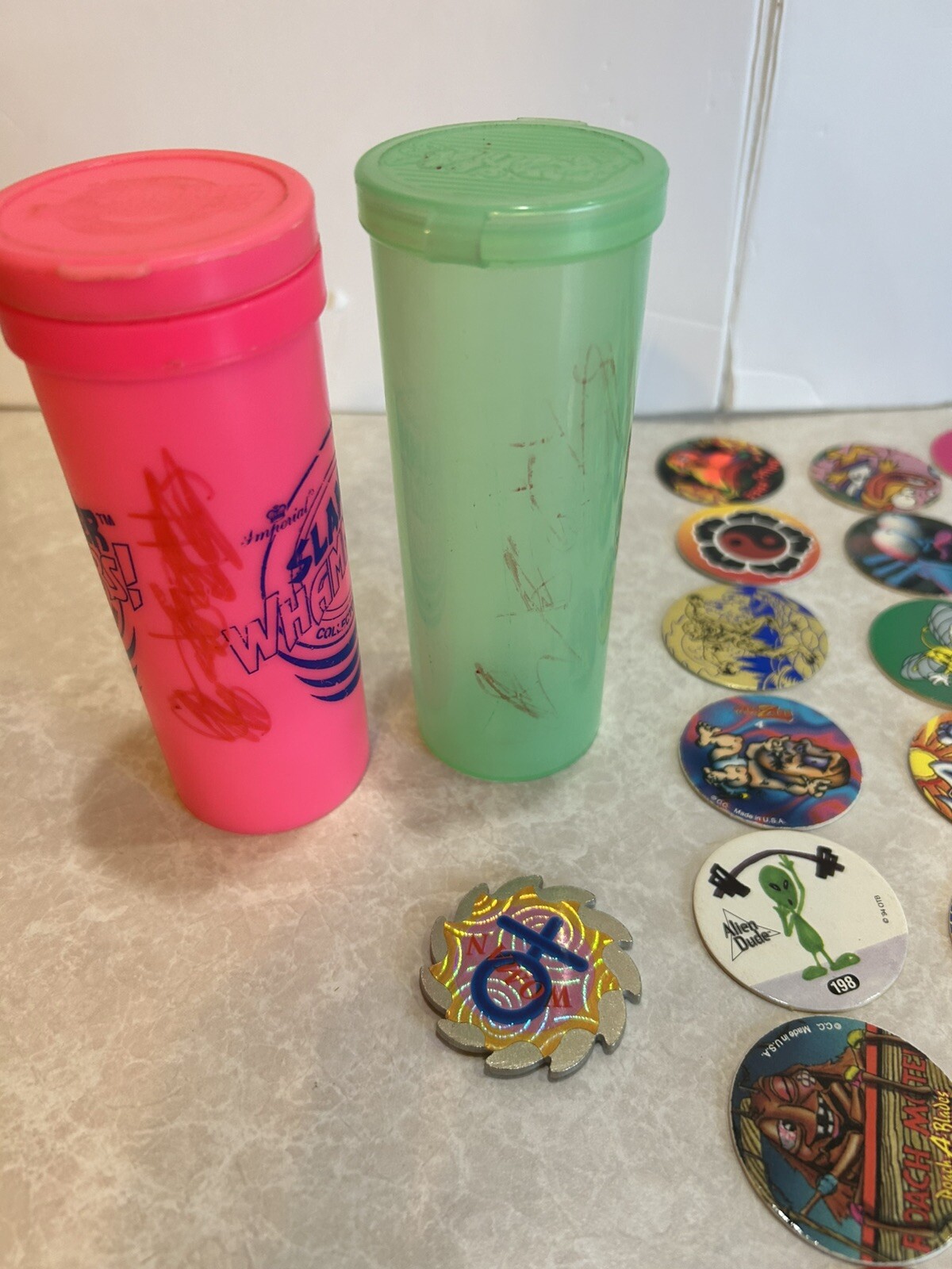 Pog Lot. 156 Pogs. Vintage 90s. 1 Slammer. 2 Plastic Containers