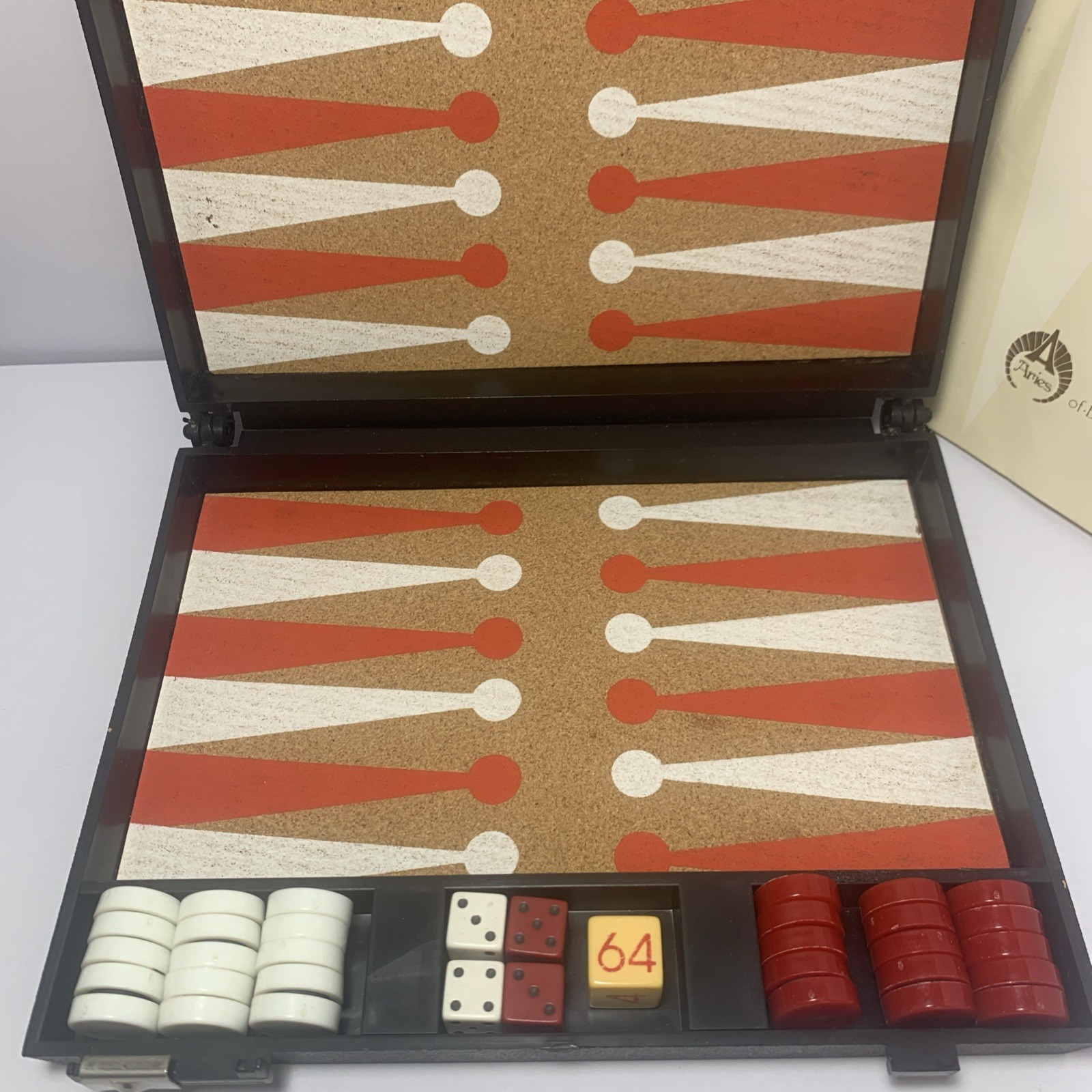 Aries Of Beverly Hills Vintage Cork Backgammon Travel Set, Red And White, 1973