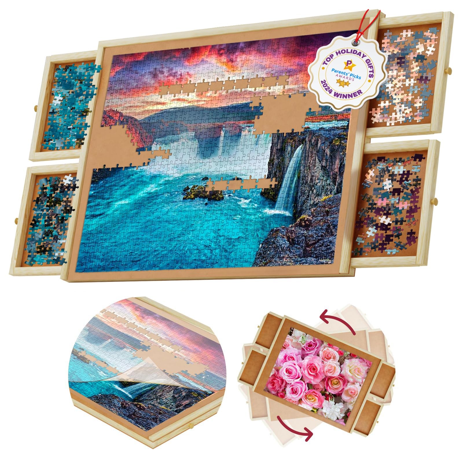 Puzzle Board 1000 Piece Rotating Wooden Jigsaw 30 X 22 BI-128 Portable Drawers