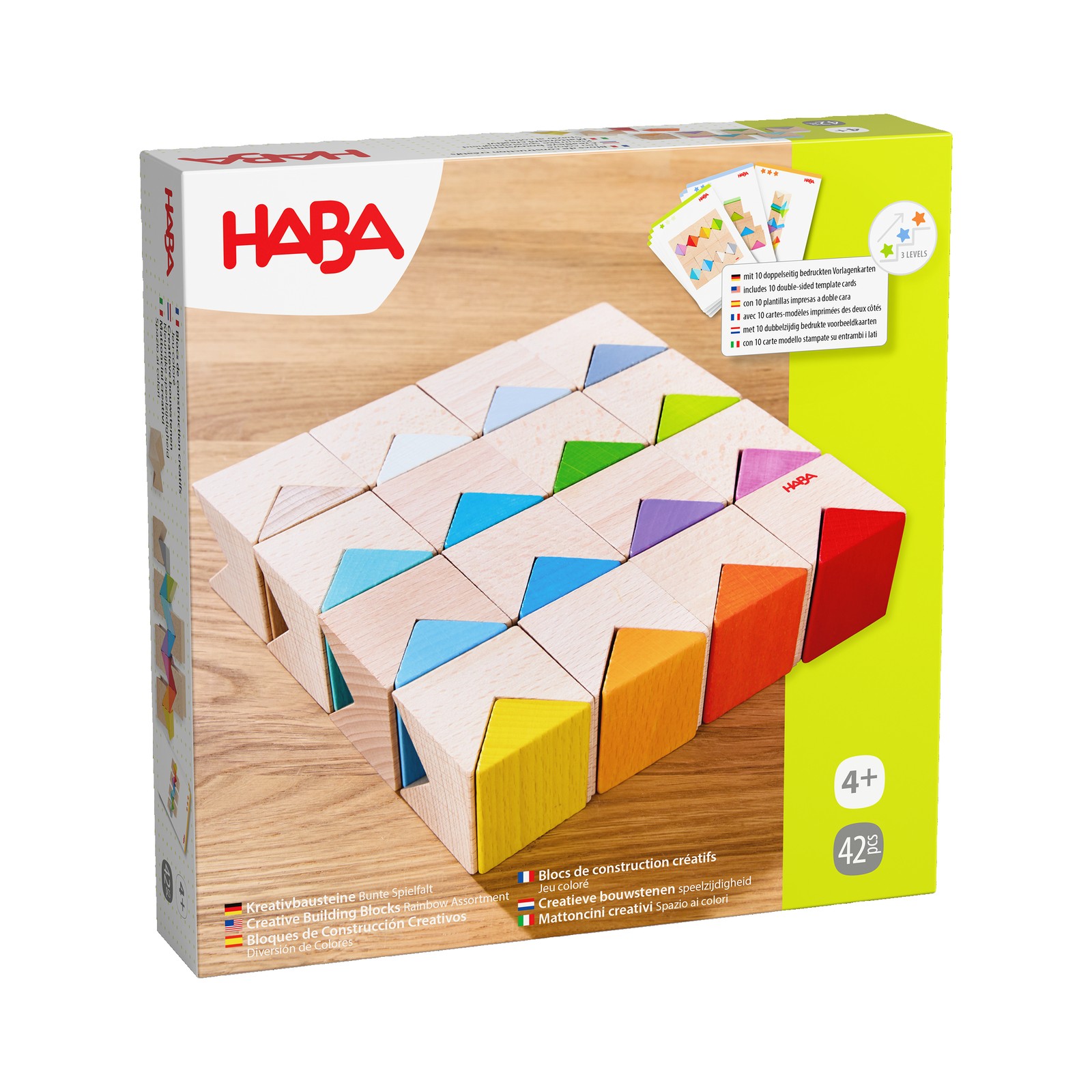 HABA Rainbow Triangle Wooden Blocks Game, Stacking Toys with Pattern Cards