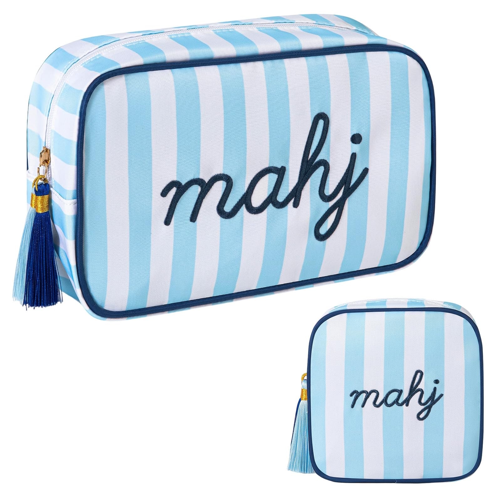 Mahjong Tile Bag Set -Blue 2-Piece Striped Thickened Canvas Tile Case & Embro…