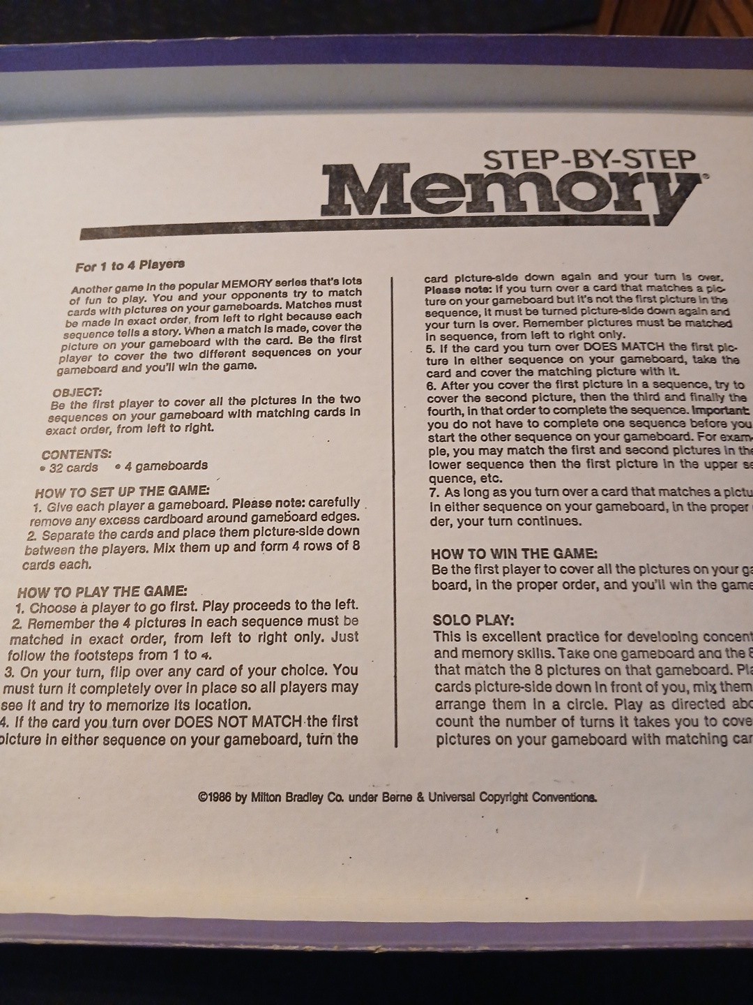 THE ORIGINAL MEMORY GAME VTG Milton Bradley 1986 All 72 Cards w/ Instructions