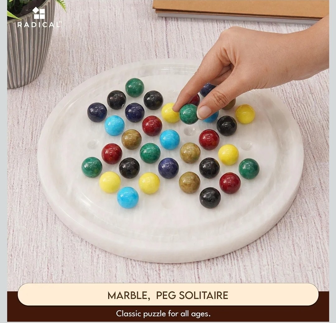 NEW 10″ Radicaln White Stone Natural Marble Solitaire Board Game with 42 Marbles