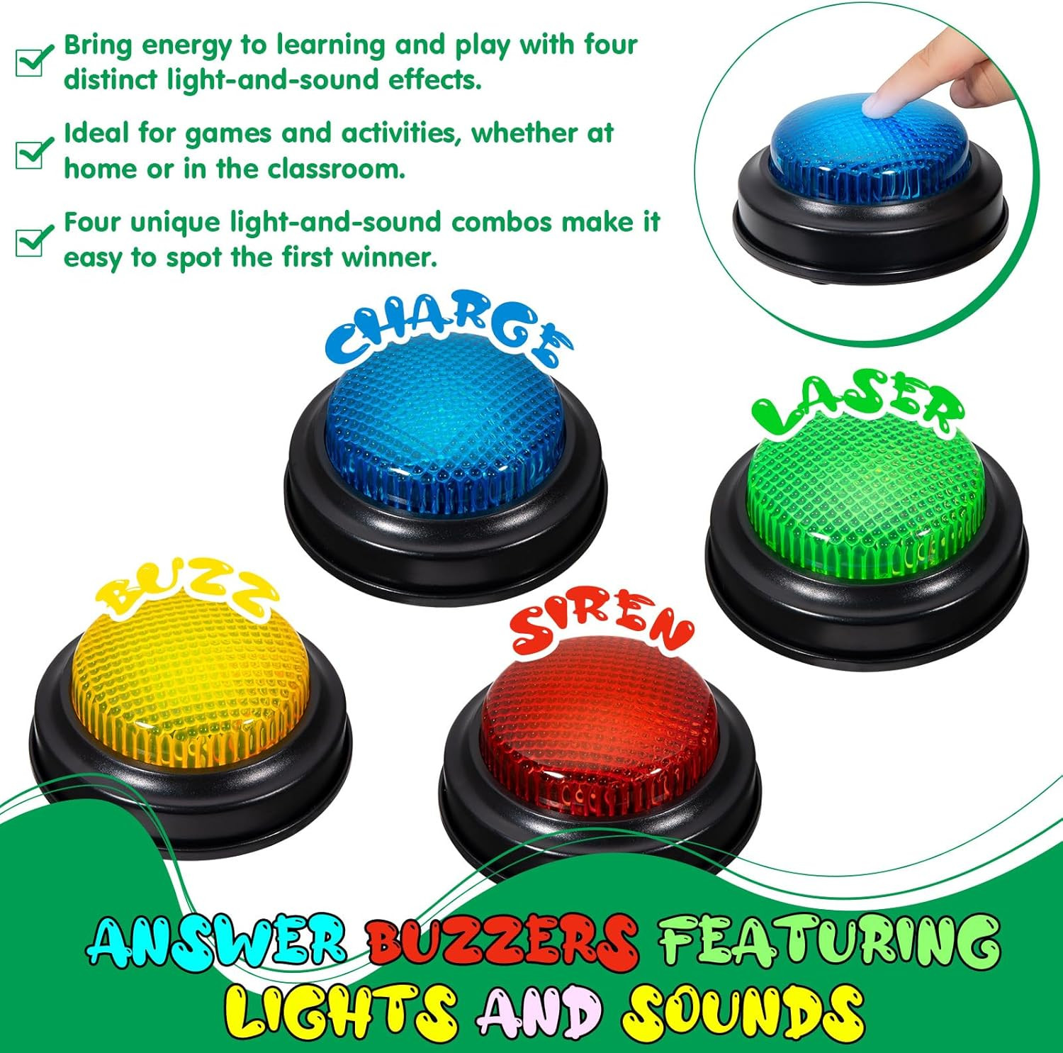 Set of 4 Trivia Game Buzzers with Lights & Sound, Family Feud & Jeopardy Quiz