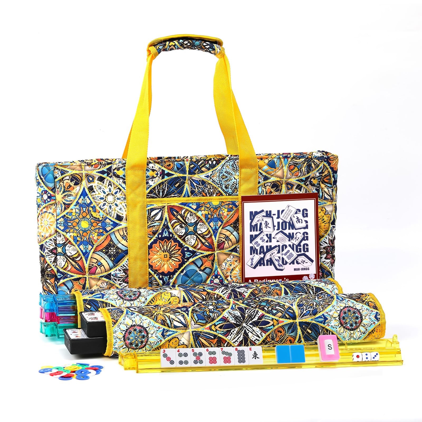 American Mahjong Tile Set with Yellow Printed Carrying Bag, 166 Blue Tiles, 4…