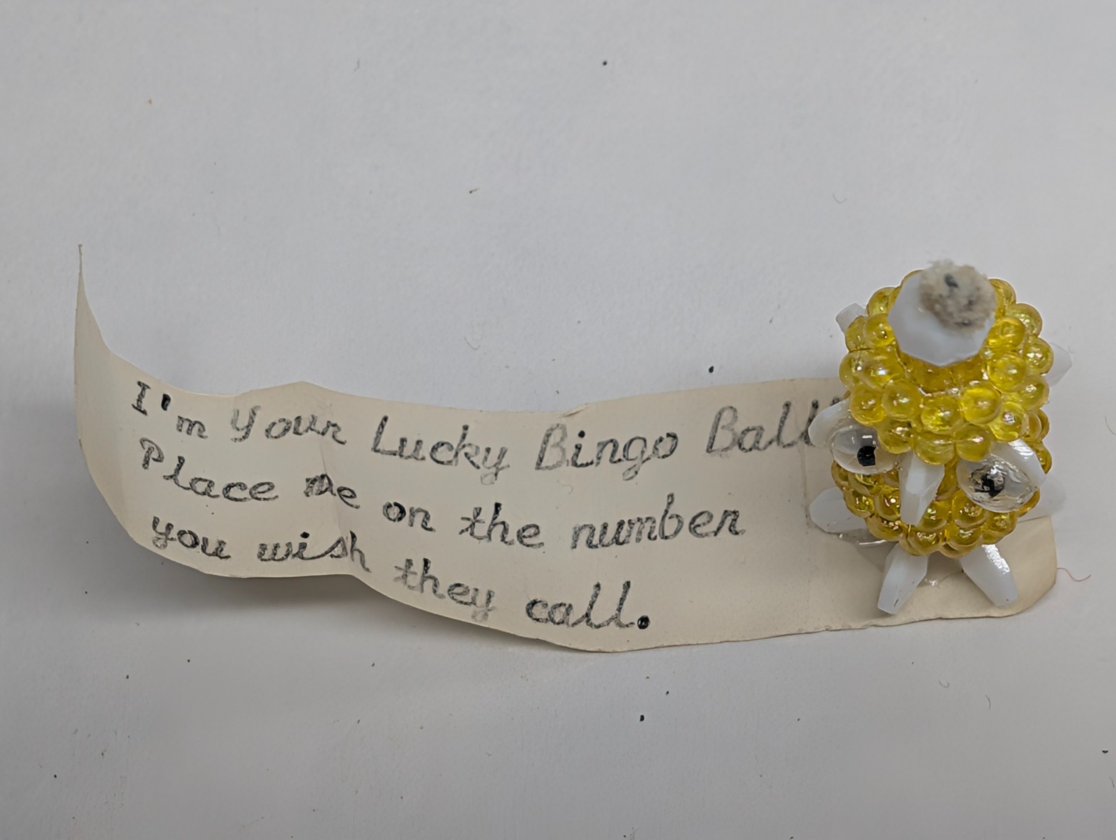 Vintage Lucky Bingo Ball Charm Yellow Beaded Troll Figurine Folk Art