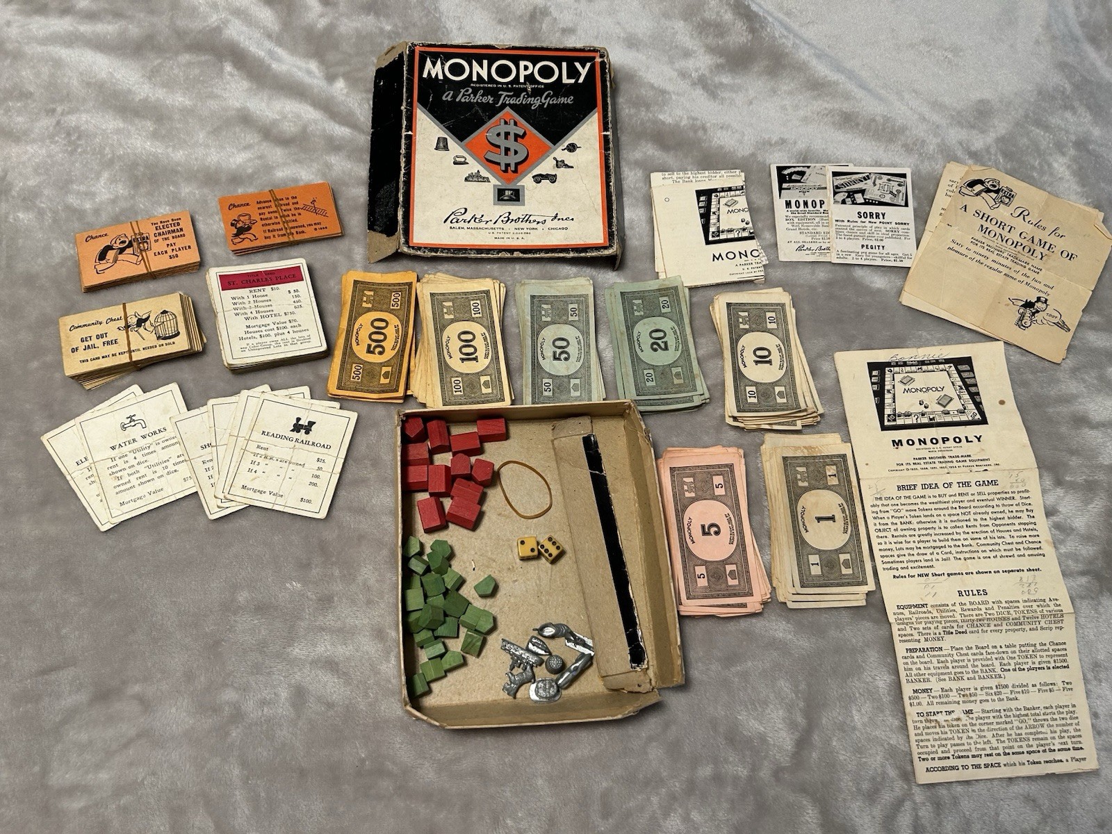 Vintage 1930s Monopoly Black Box Patent 2026082 Parts Money No Board As-Is