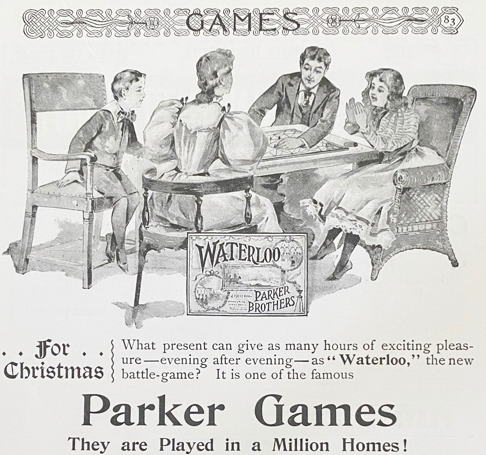 Family Playing Waterloo PARKER BROTHERS GAMES Vtg Victorian Xmas 1895 Print Ad!