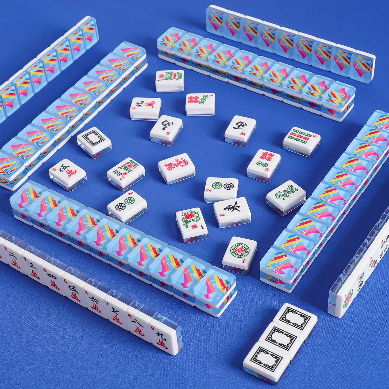 Set of 166 Acrylic American Mahjong Tile Set, Mahjong Game Set with 1.2” Blue Pr