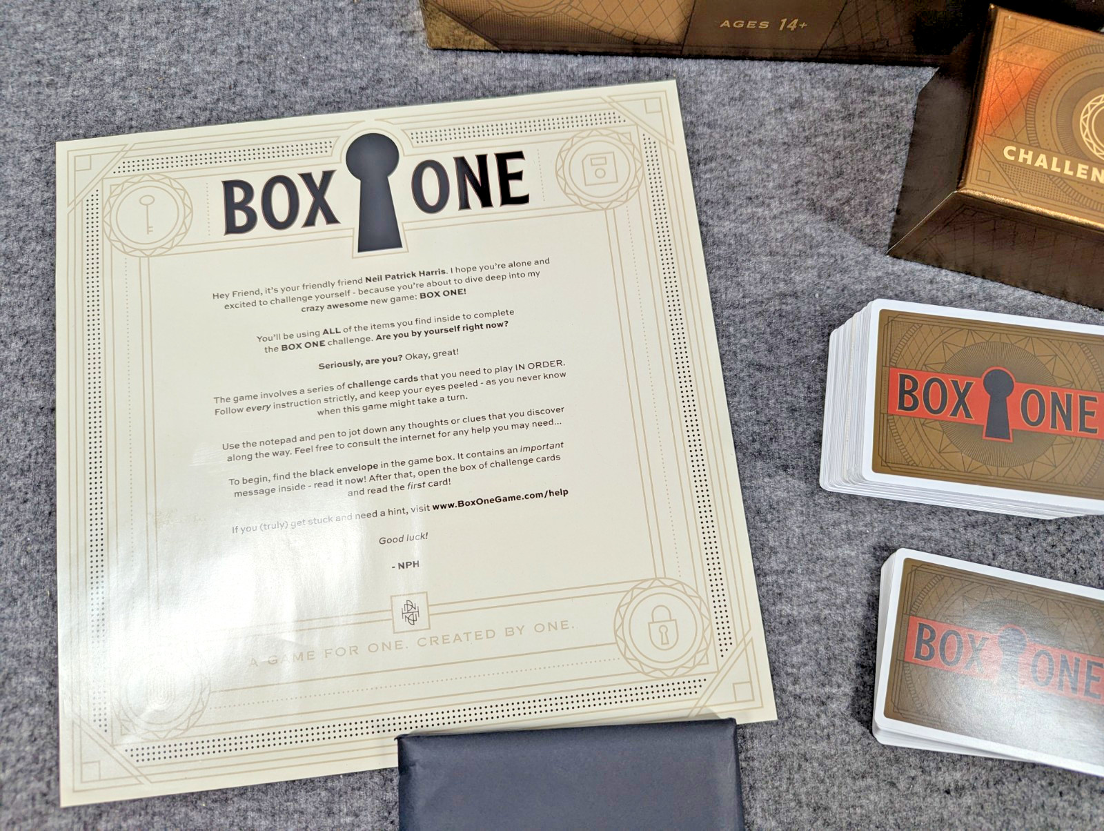 Box One Game by Neil Patrick Harris Escape Room Theory11 Puzzle Card Complete