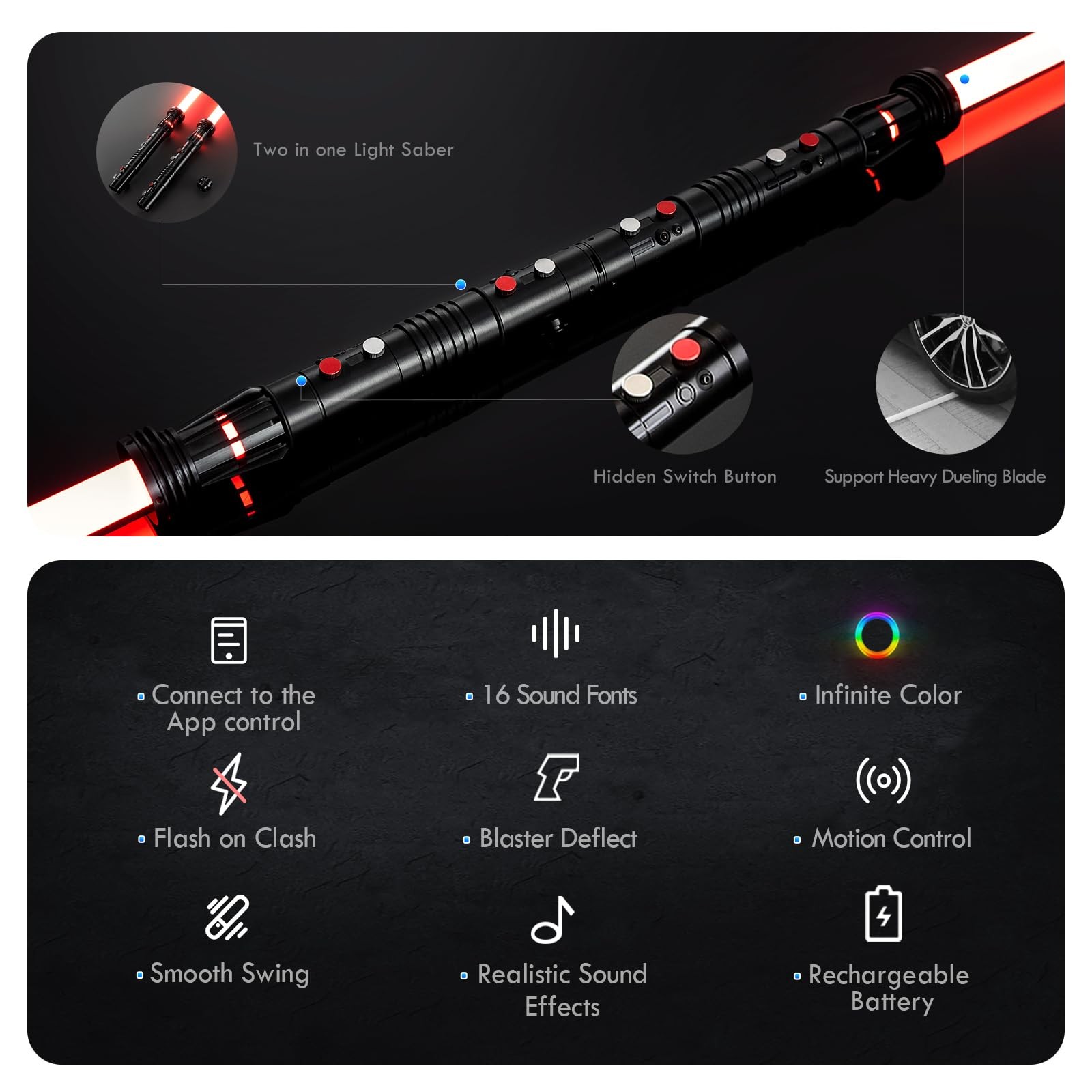 Light Saber Double Blades RGB 3.0 Smooth Swing 16 Sound Fonts Black DAMIENSABER