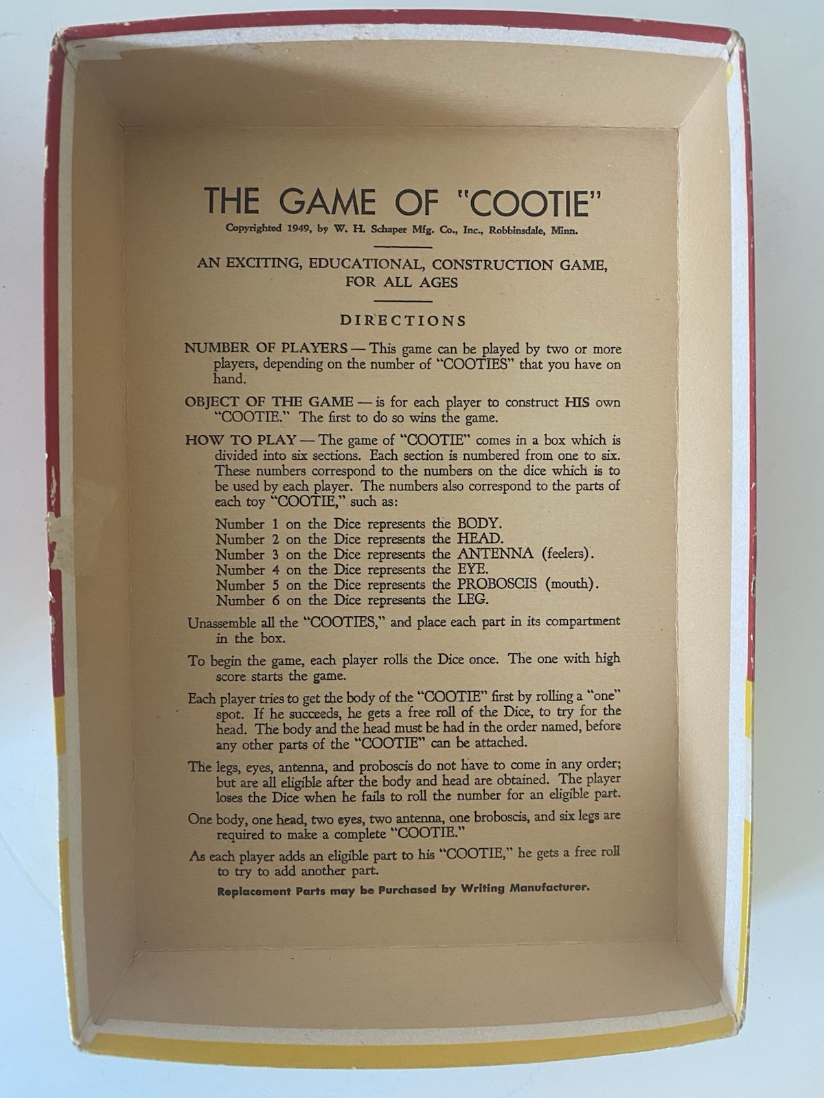Vintage 1949 The GAME OF COOTIE Original Pieces Box Schaper 100% Complete