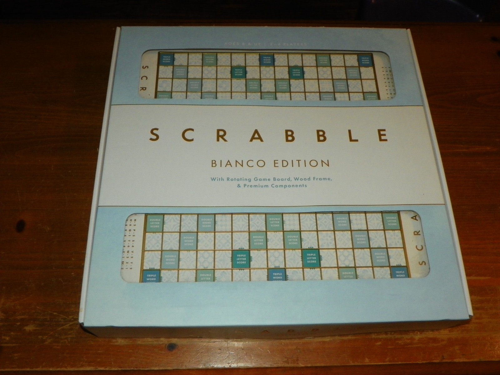 WS Game Company Scrabble Bianco Edition with Rotating Wooden Game Board NEW