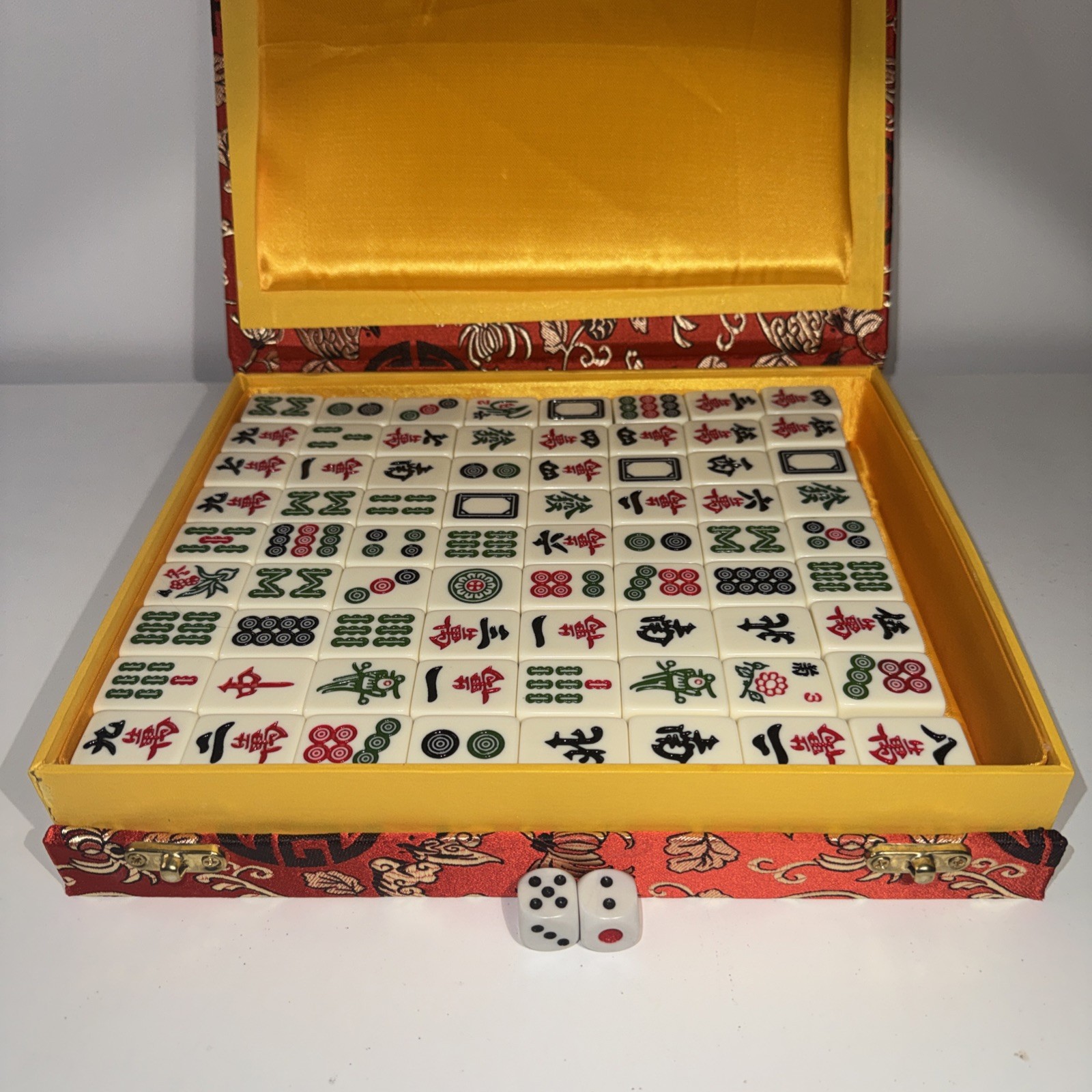 Chinese Mahjong Set 144 Ceramic Tiles (1 1/8 X 7/8×9/16in) Beautiful Red Box