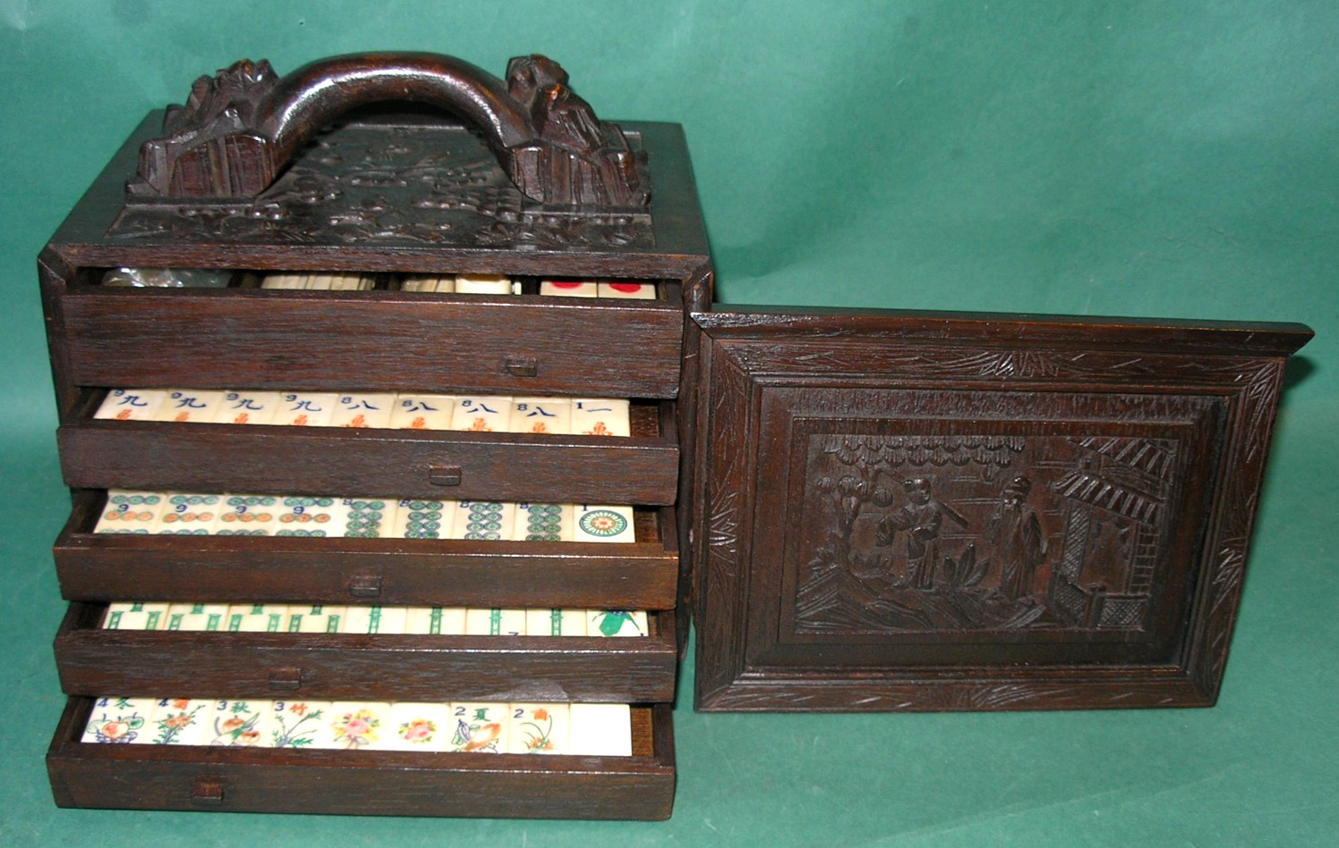 Rare 1920s Bone Bamboo Mahjong Set with Teak Case