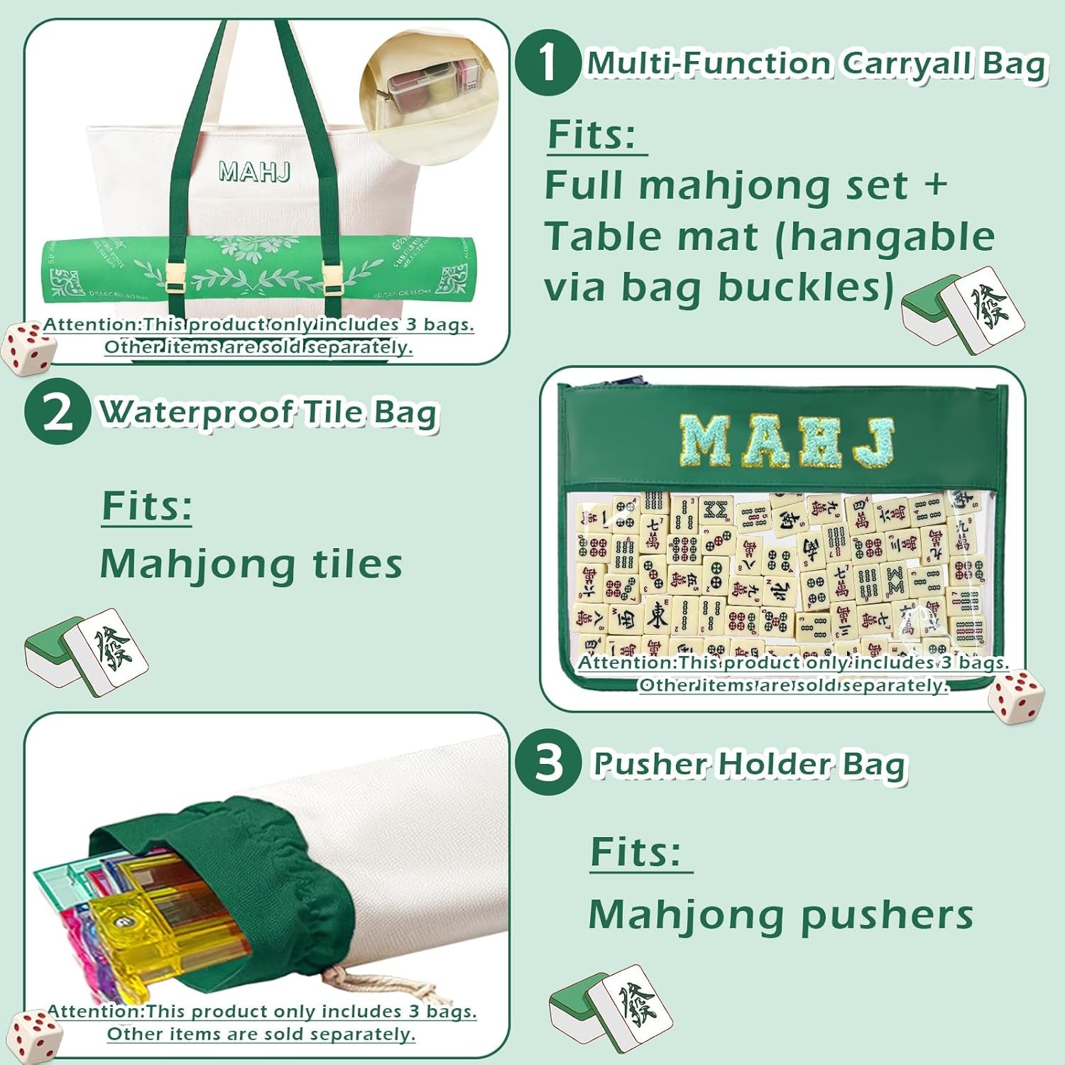 Empty Mahjong Tile Bags Set for American Tiles and Racks Canvas Tote Bag with Ma