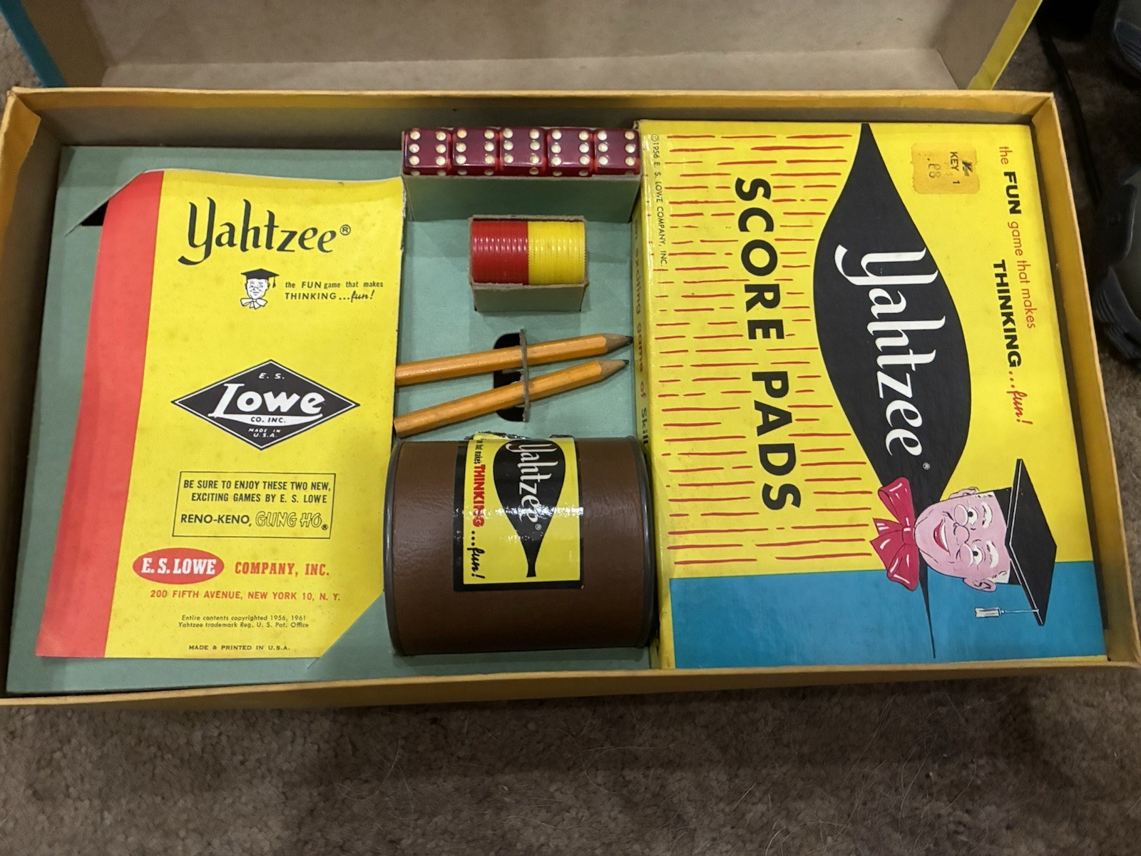 Vtge Yahtzee Game, 8 & up, All pieces believed incl. 1956, E.S. Lowe & Co.