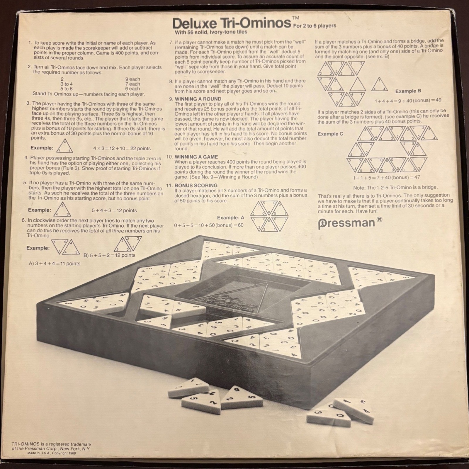 1968 Pressman Deluxe Tri-Ominos Game 4423 Ivory Crystalline Tiles