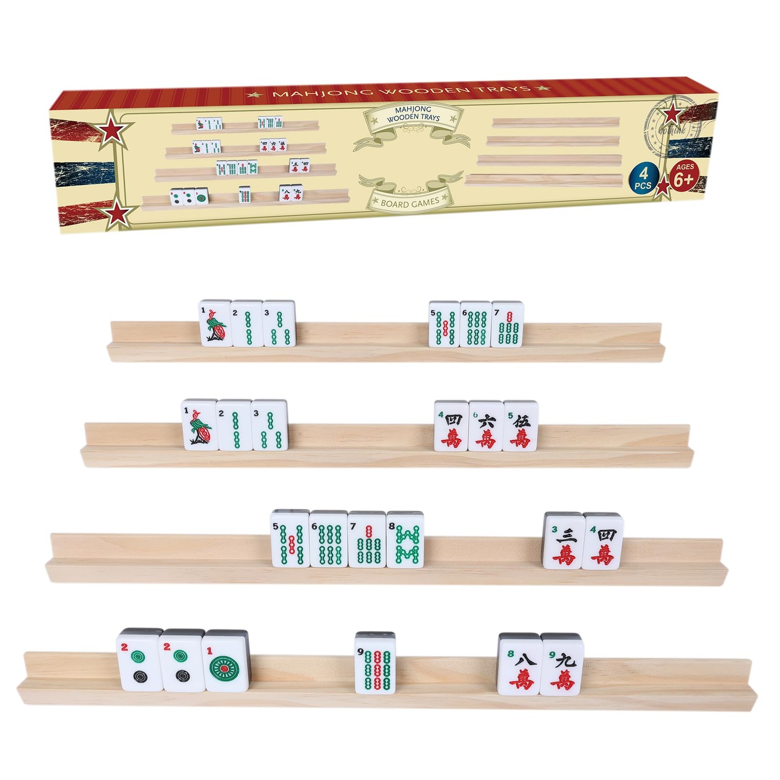 GOTHINK Wooden Mahjong Tiles 15x3x1.4 inches, Trays