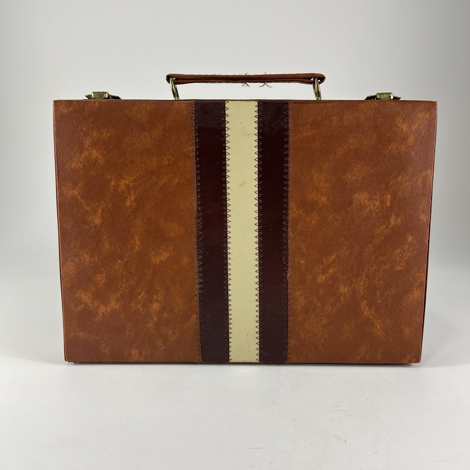Backgammon Travel Case Game Complete Brown & White Faux Leather Vintage