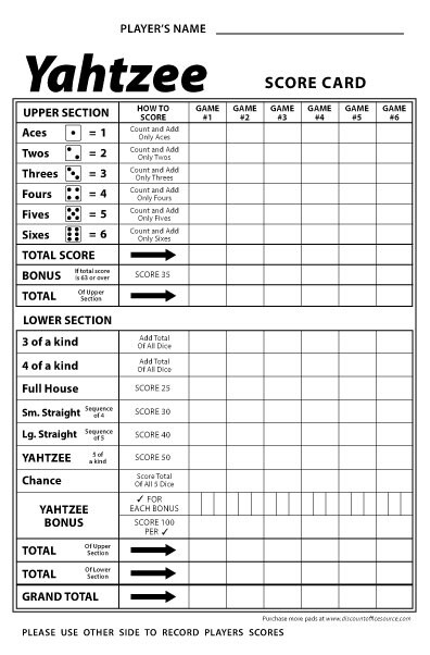Yahtzee Score Card Pad Sheets Dice Game-Two-Sided (300 Sheets)–Printed in USA!!