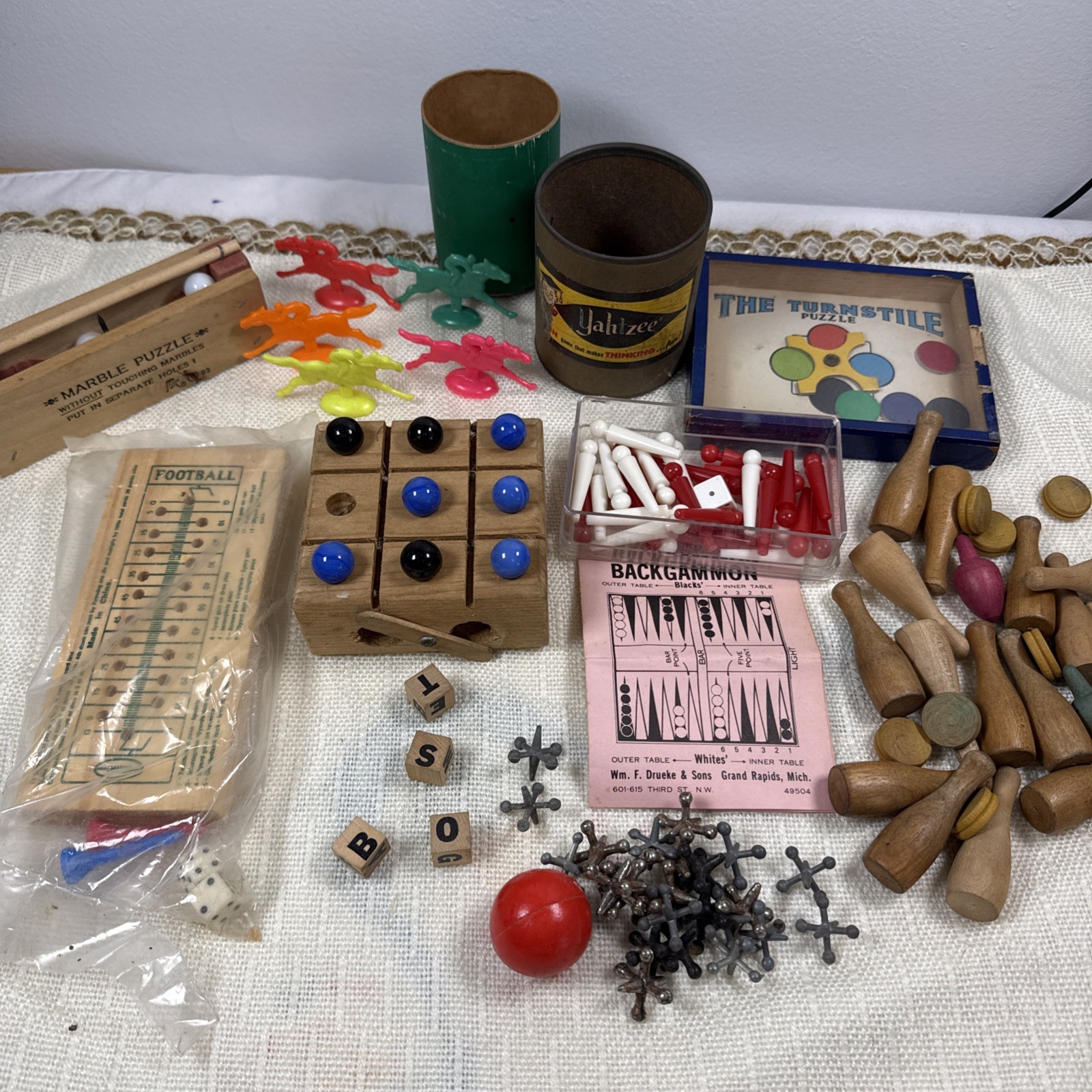 Vintage Wooden Small Game Lot Board Pieces Carrom Marble Football Jacks Yahtzee