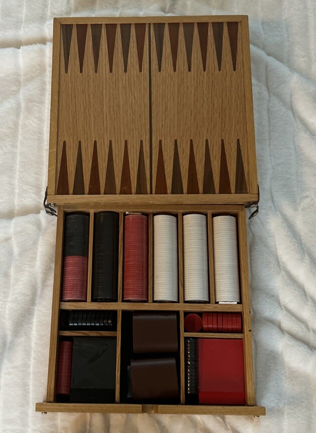 Wood Flip Game Board Set, Checkers, Backgammon, Dice, Poker Chips Cards Dice VTG