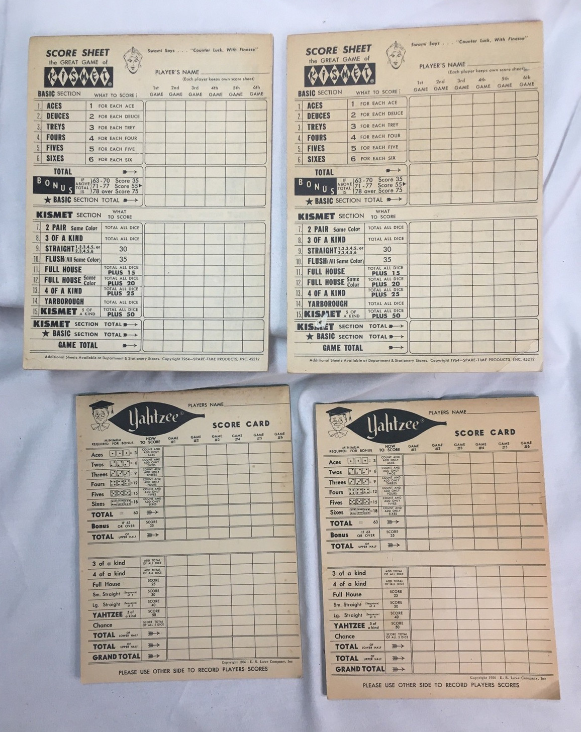 Vintage Yahtzee/Kismet Score Pads 1956/1964, 2 Pads Each