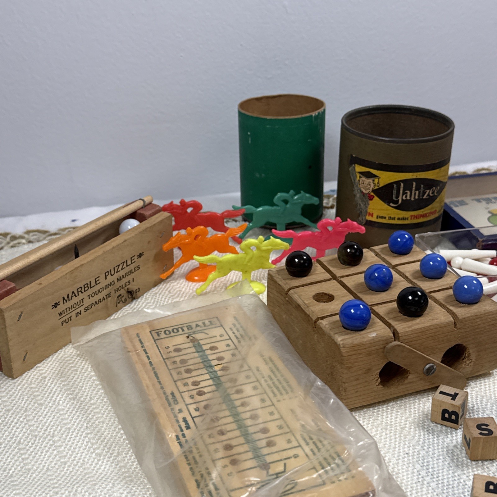 Vintage Wooden Small Game Lot Board Pieces Carrom Marble Football Jacks Yahtzee