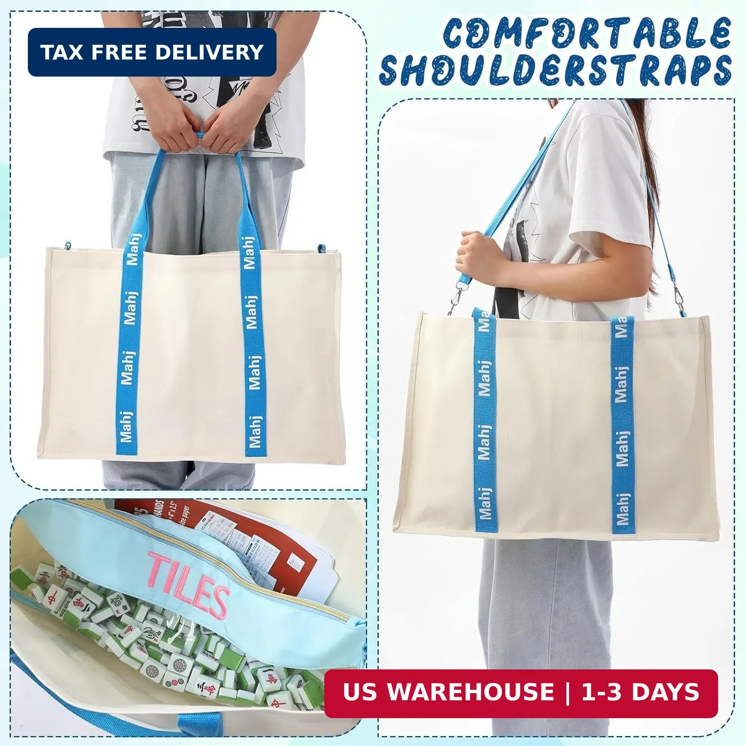 2 Pcs Embroidered Mahjong Canvas Tote Bags Large Empty Mah-Jong Tile Bag Mahjong