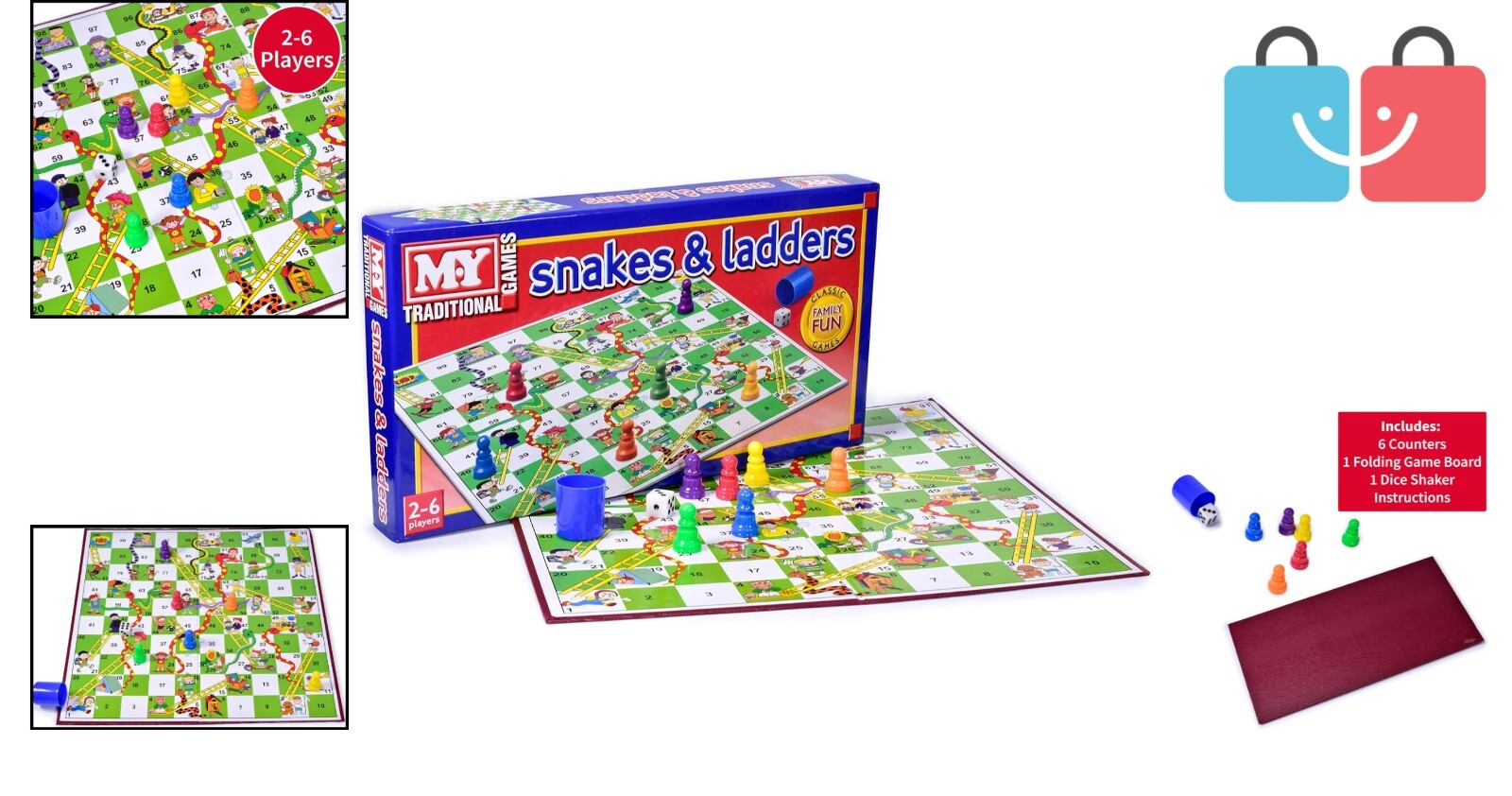 Traditional Snakes & Ladders Game – Foldable Board for 2-6 Players, Ages 3+