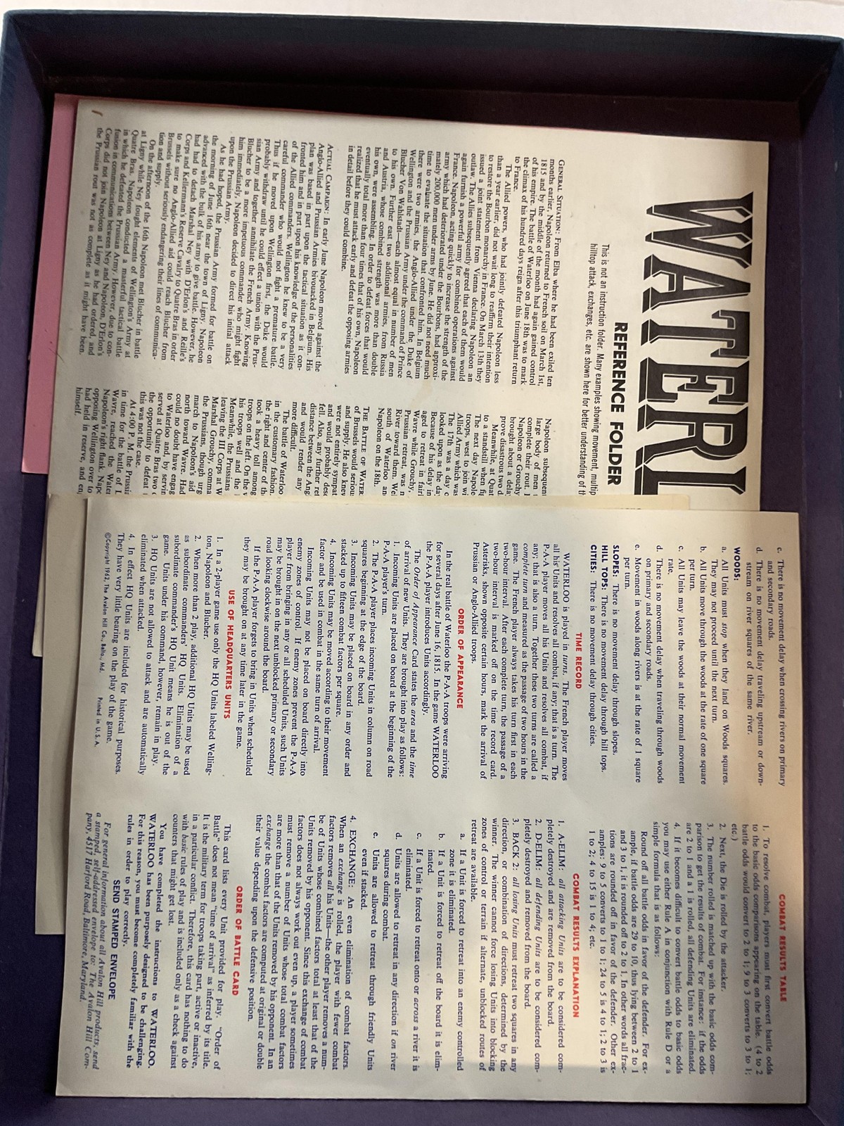 Vintage 1962 Avalon Hill Waterloo Board Game War United States Boxed Original
