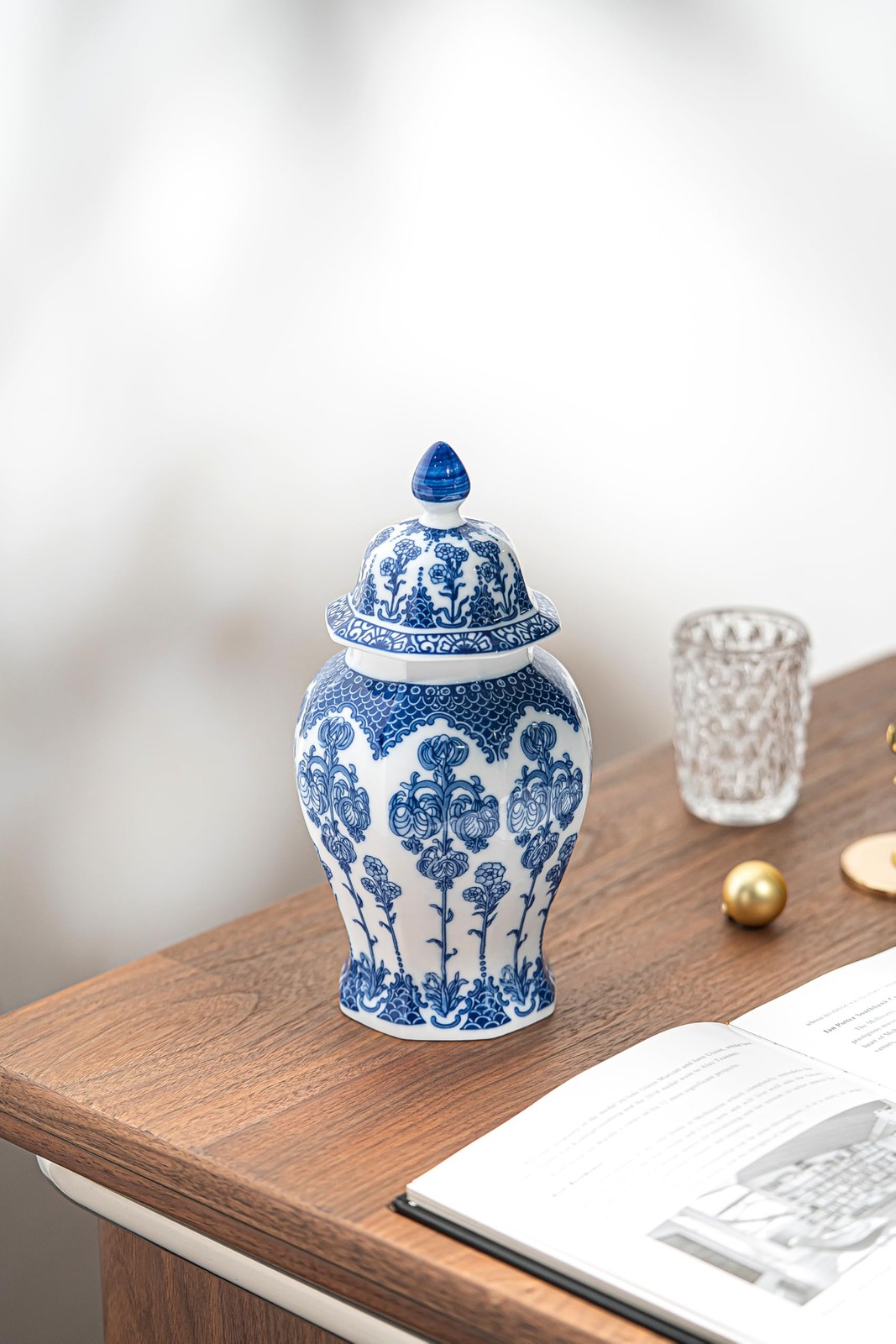 Blue and White Ginger Jar, Ceramic Chinoiserie Decorative Jars for 10″H,