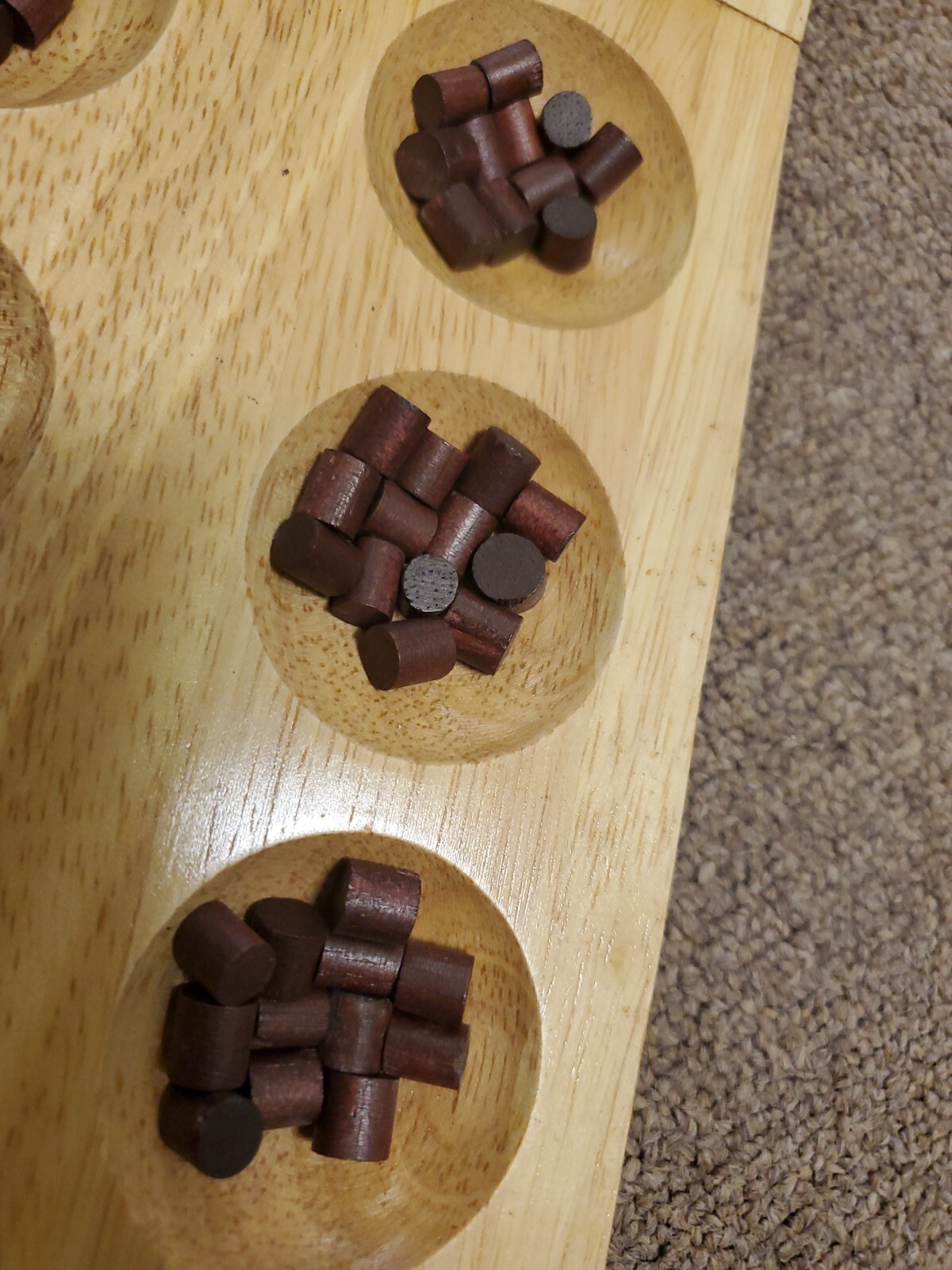 Mancala board game, solid wood, wooden peg pieces, Thailand