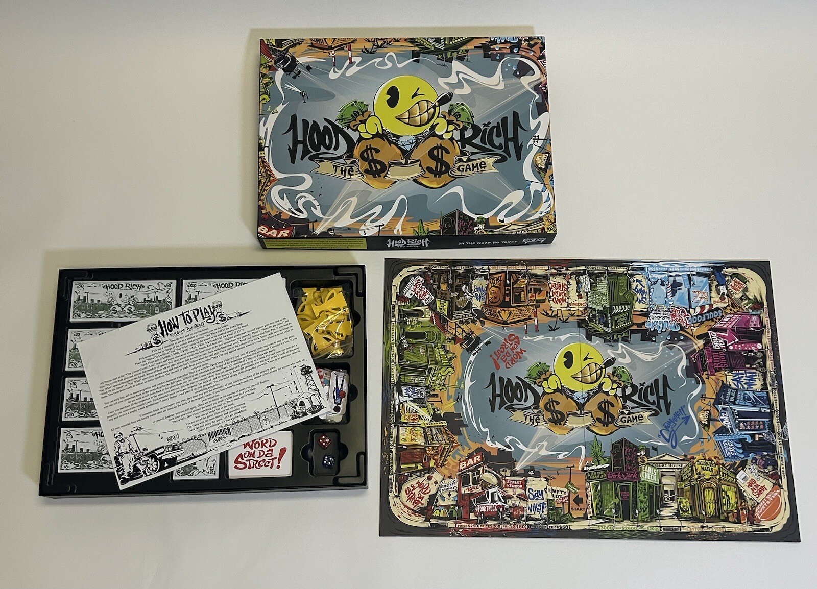 board game (HoodRichTheGame) 2-8 Players, Dice, Cards And Characters.