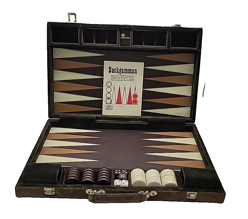 Vintage E.S. Lowe Deluxe Tournament Backgammon Set Felt Feaux Leather Skor Mor
