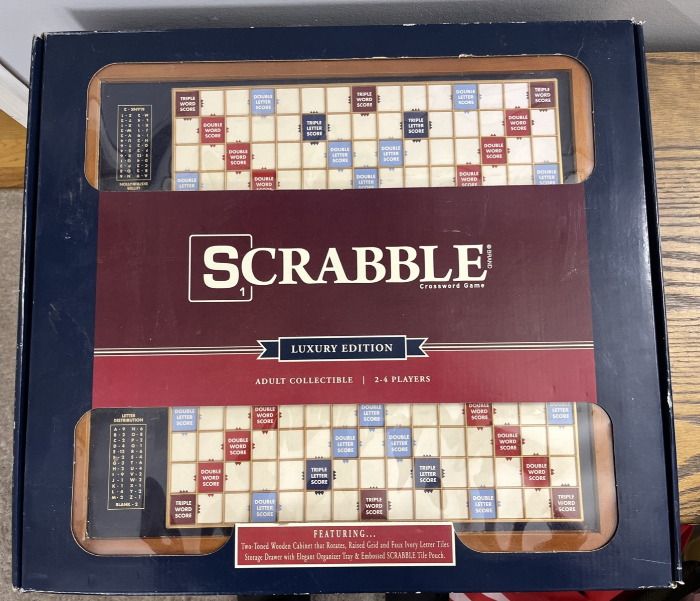 New Scrabble Luxury Edition with Wood Cabinet and Rotating Turntable Game Board