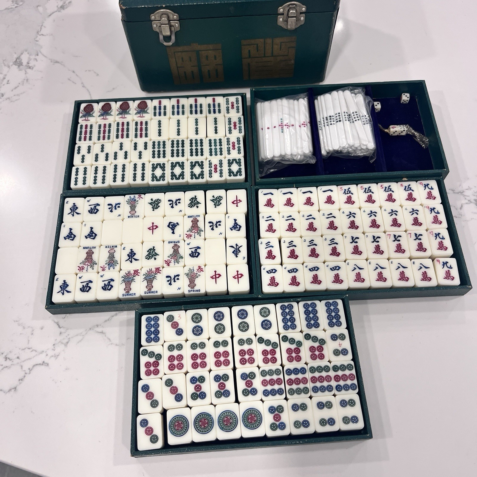 Vintage Chinese Mah Jongg bone and bamboo set