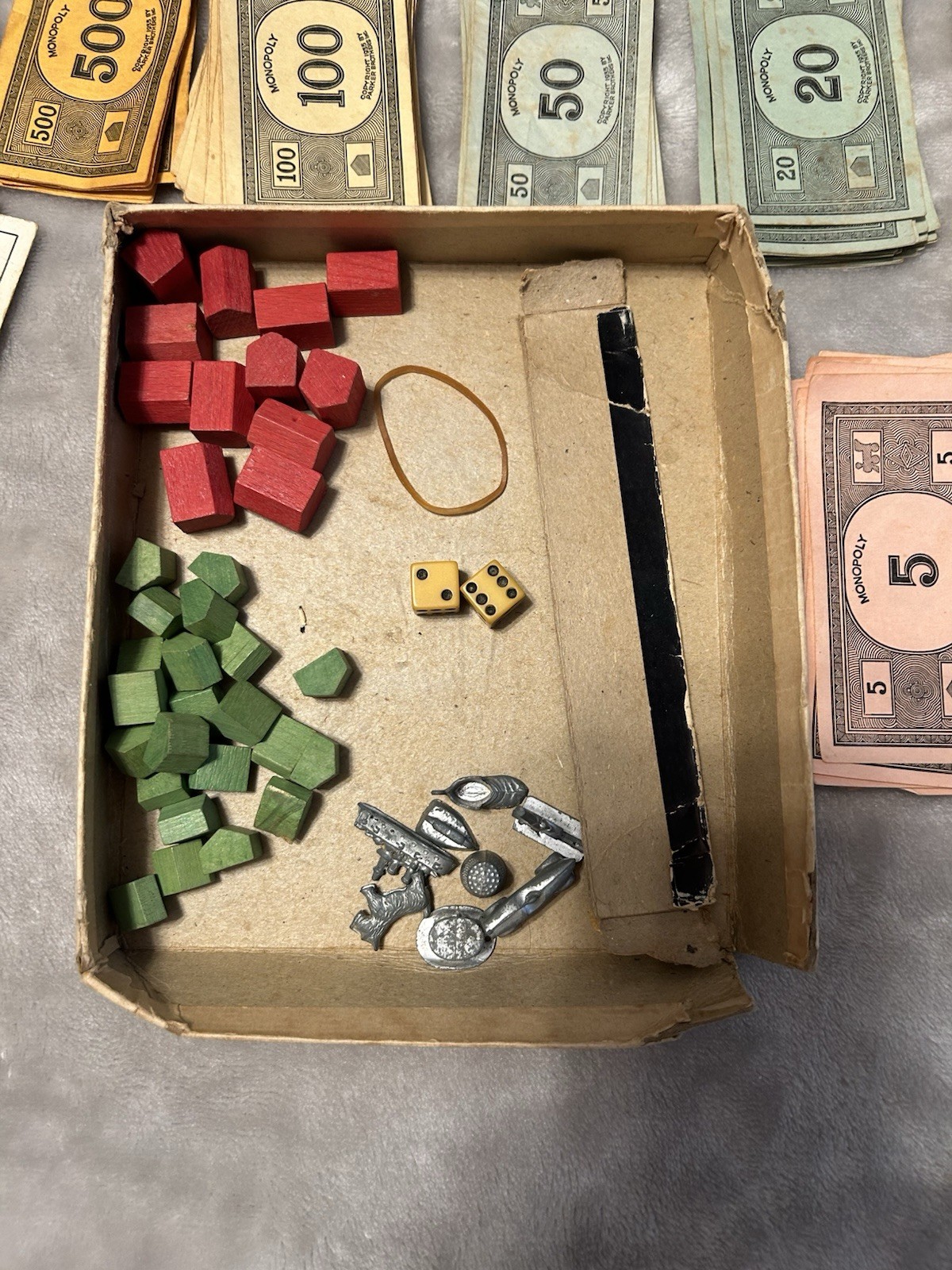 Vintage 1930s Monopoly Black Box Patent 2026082 Parts Money No Board As-Is