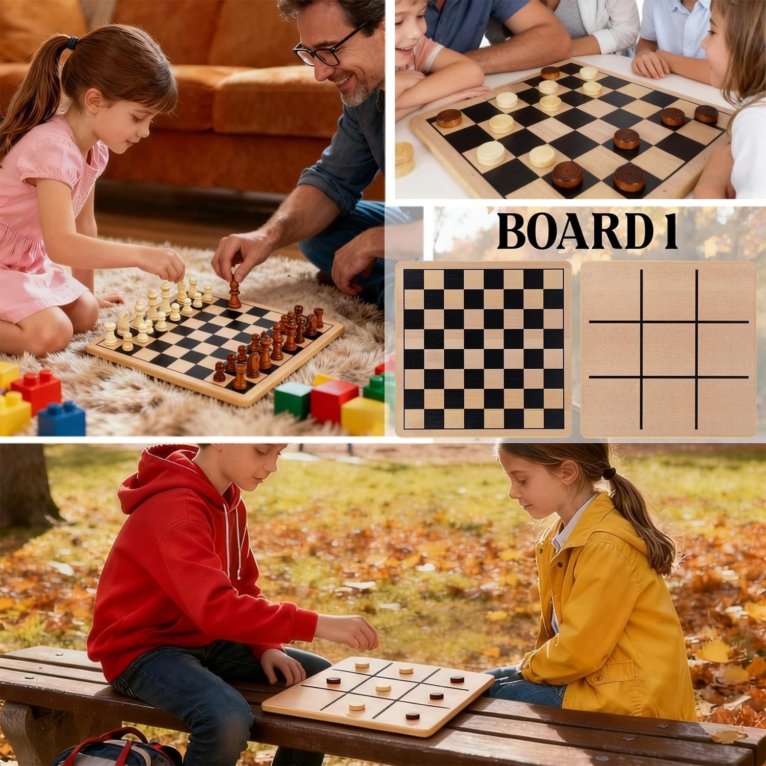5-in-1 Wooden Board Game with 2 Reversible Boards for Chess, Checkers, Chines…